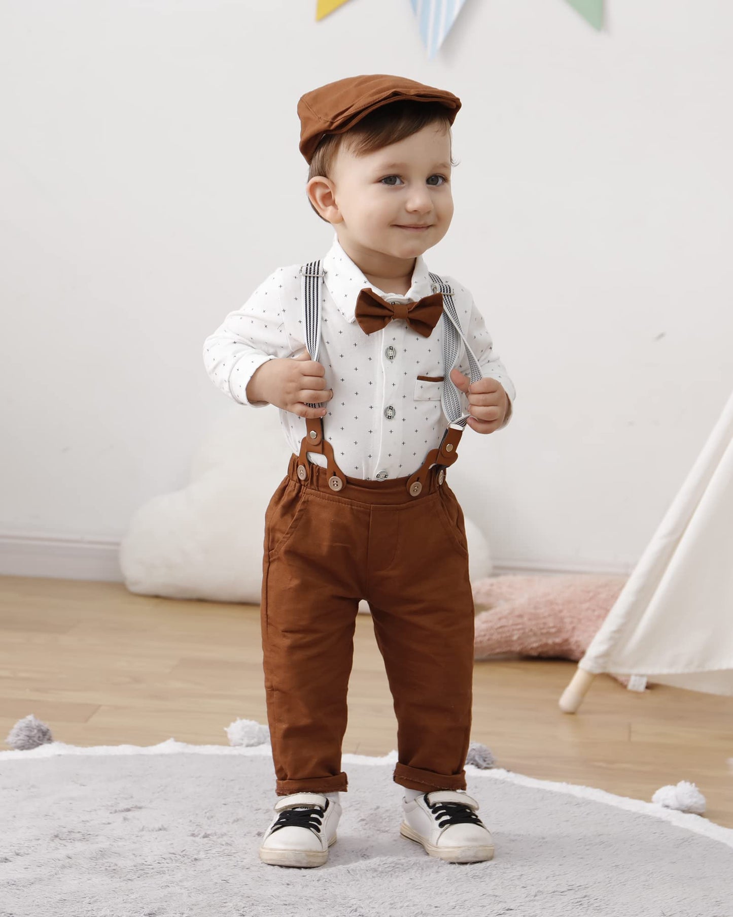 ZOEREA Baby Boy Suit 0-24M Gentleman Outfit Clothes Set Infant Long Sleeve Dress Shirt+Suspender Pants+Bowtie+Beret Hat