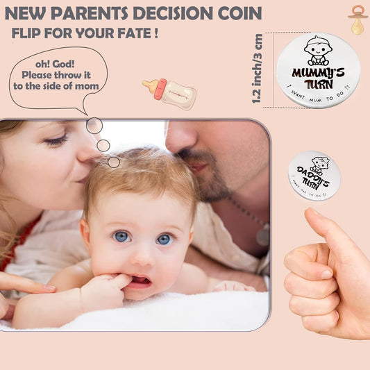 New Baby Gifts for New Parents Mom Daddy Funny Double-Sided Silver Decision Coin with Handmade Wooden Box Pregnant Gifts for First Time Moms Keepsake for Baby Memory