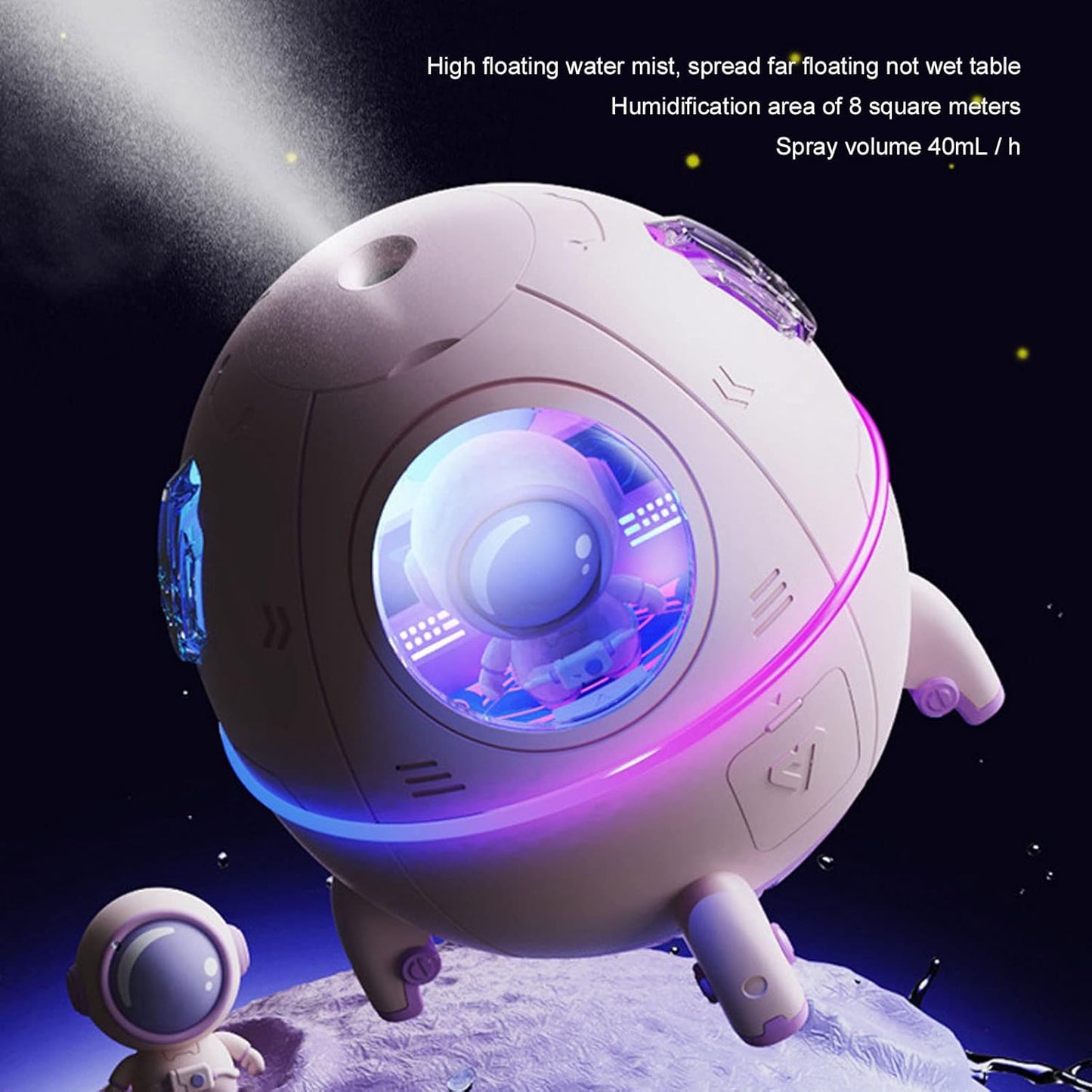 Space Capsule Humidifier USB Large Mist Volume Cute Baby Humidifier with Diffuser Night Light for Car Office Room Bedroom Home Car Desktop White (Light Purple)