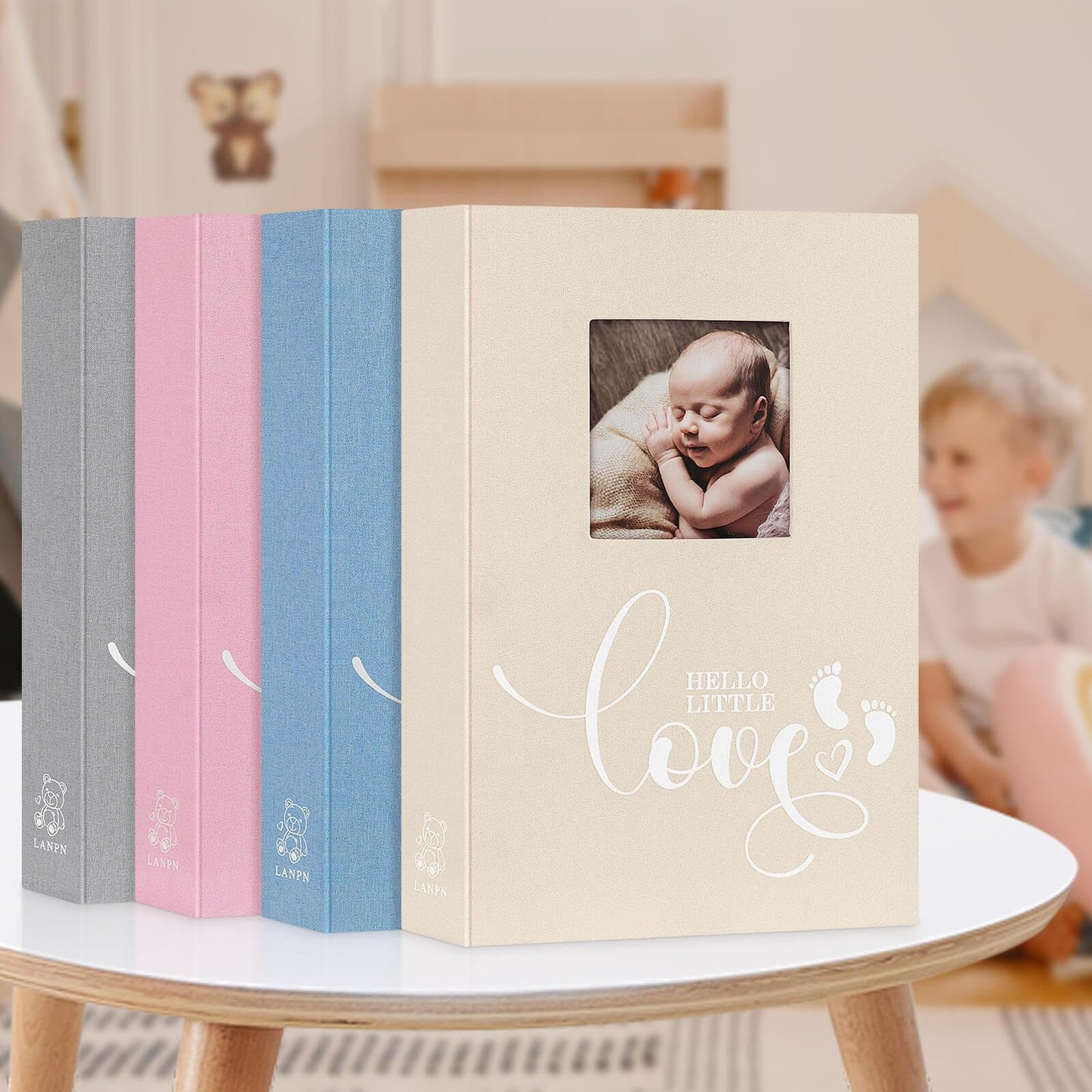 Lanpn Baby Photo Album 4x6 600 Pockets, Linen cover Newborn Bebe Memory Book Photobook Holds 600 Horizontal and Vertical Pictures, Picture Album with Front Window Gift for Boy Girl Baby Shower Pink