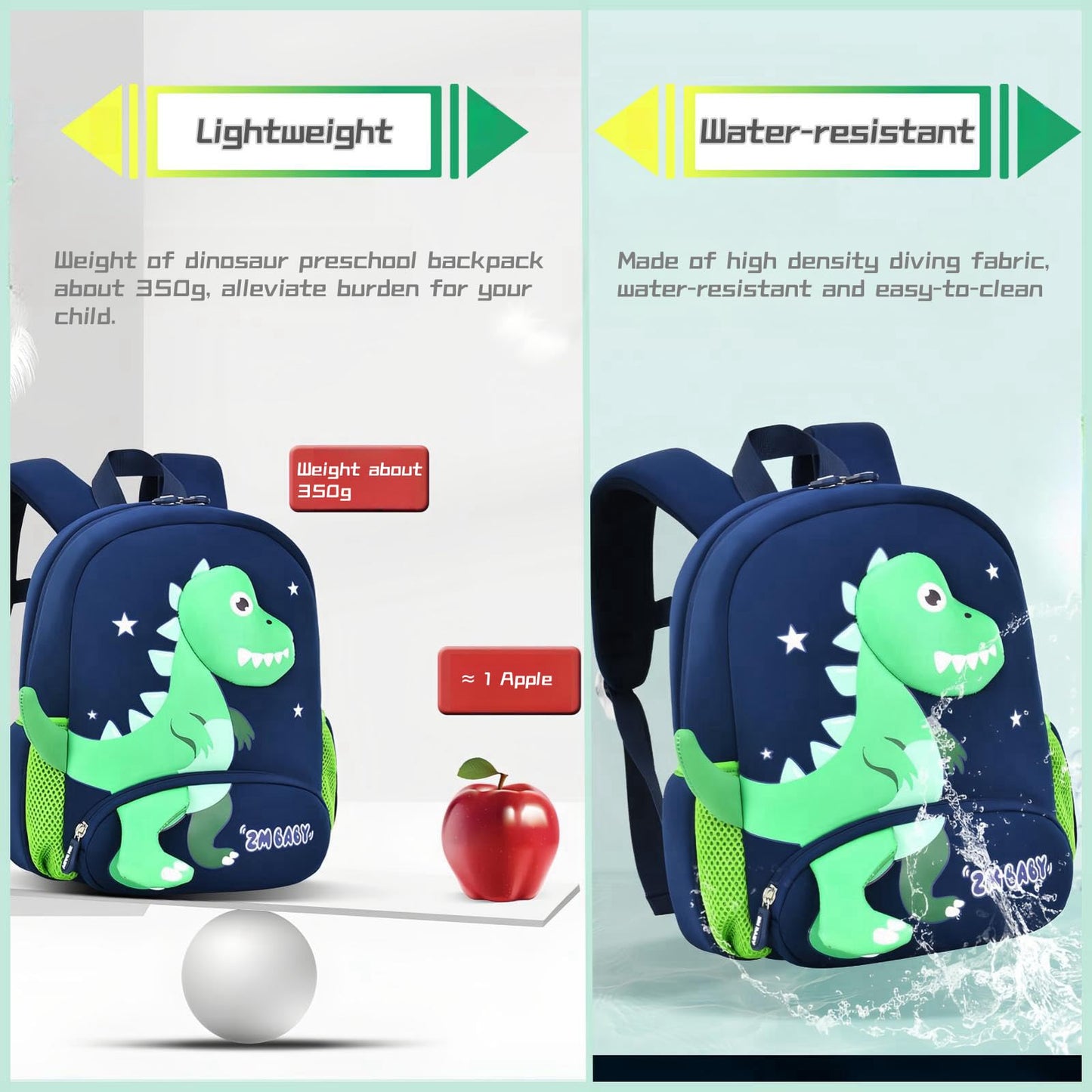 Dinosaur Anti-lost Backpack for Boys Kindergarten Preschool Bookbag with Chest Strap, Toddler Boys Backpack Daycare Bag, B-Green+Orange