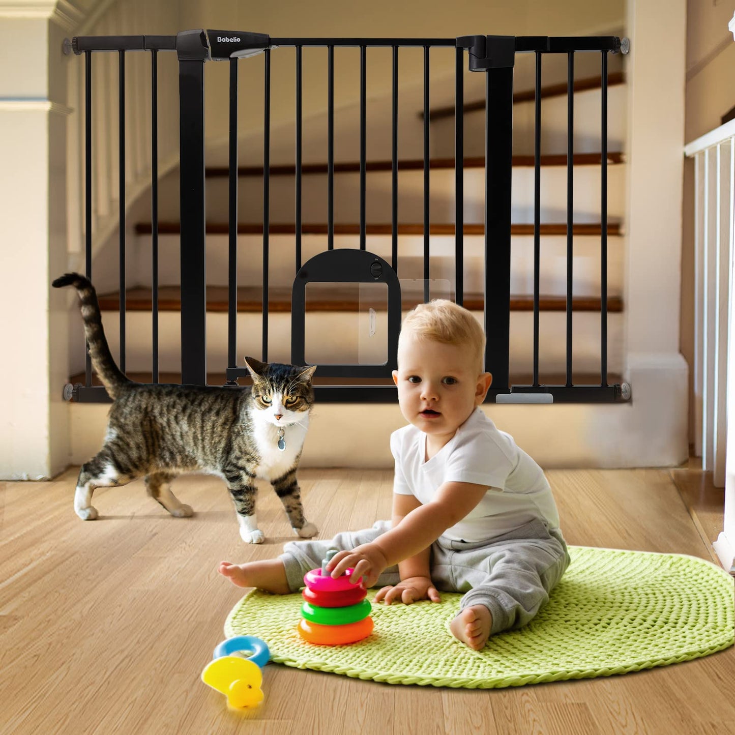 Babelio Upgraded Baby Gate with Cat Door, 29-43" Auto Close Durable Dog Gate for Stairs, Doorways and House, Easy Walk Thru Safety Gate with Pet Door Includes 4 Wall Cups, Black