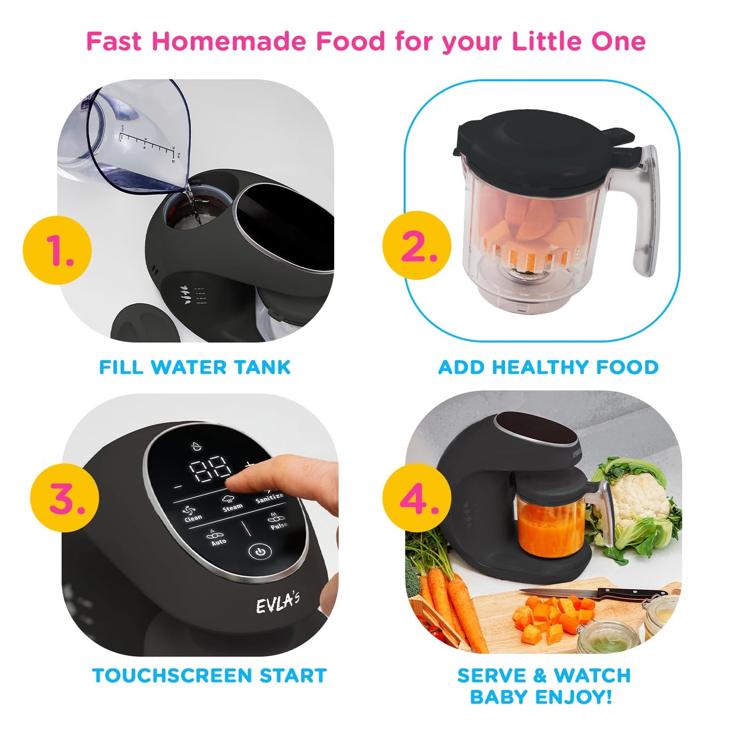 EVLA'S Baby Food Maker, Steamer, Blender, Baby Food Processor for Healthy Homemade Baby Food in Minutes, Touch Screen with 6 Reusable Food Pouches, Baby Registry Essential, White