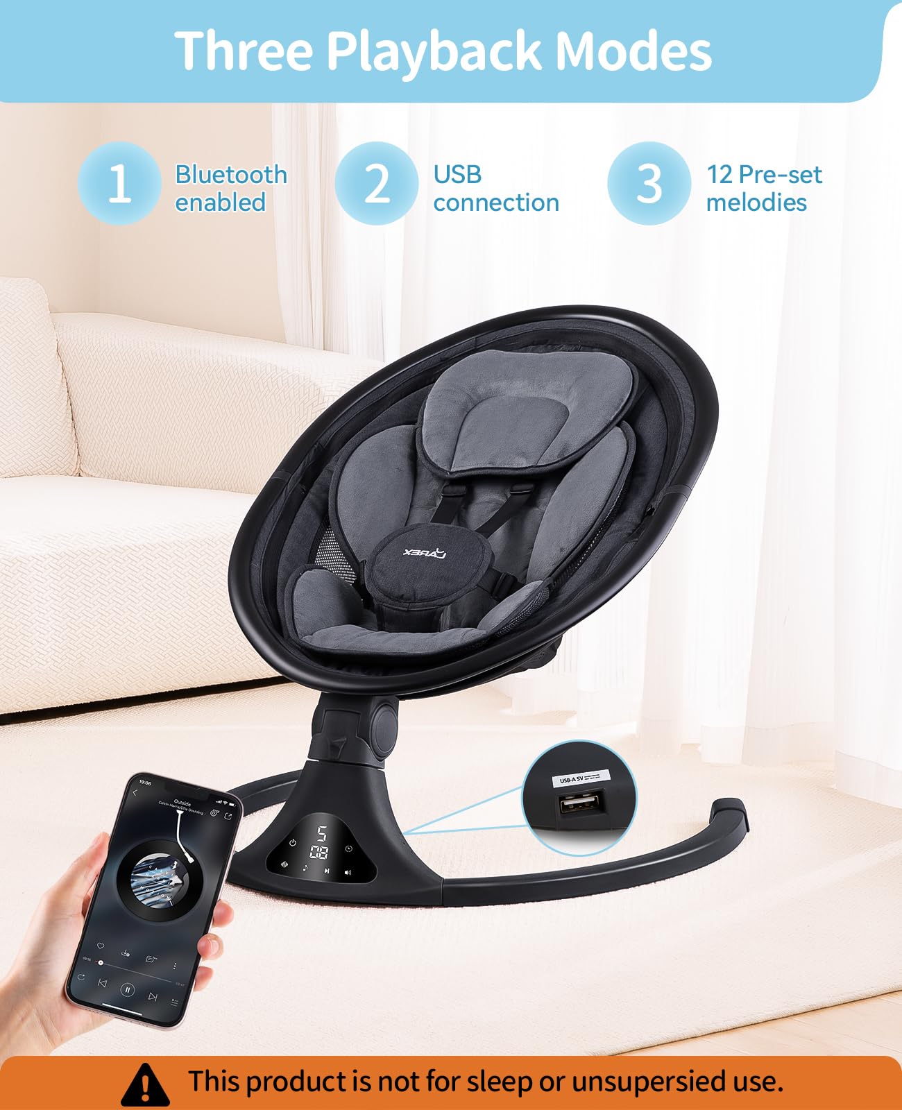 LAREX Baby Swing to Toddler Electric Infant Swing Portable for Newborn Boy Girl, 5 Sway Speeds with Remote Control, 12 Preset Melodies and Bluetooth, 0-6 Months Max 20 Lbs(Dark Wood Grain)