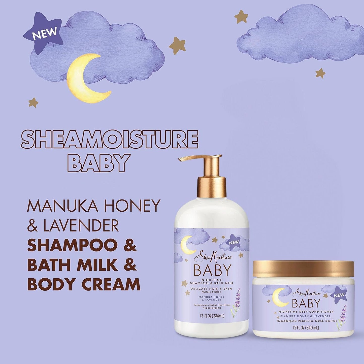 Shea Moisture Baby Care Set – Relaxing Nighttime Shampoo & Bath Milk + Nighttime Deep Conditioner, Manuka Honey & Lavender (2 Piece Set)
