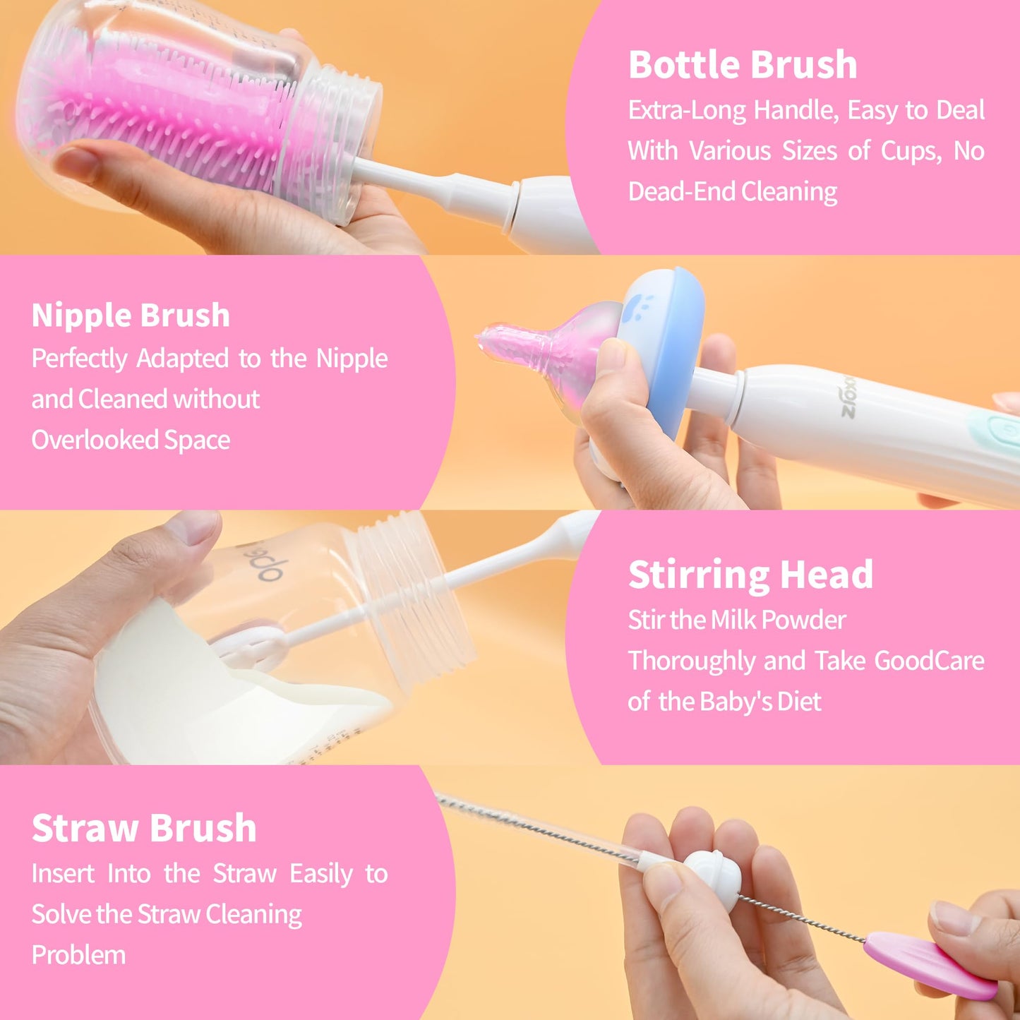 Electric Bottle Brush Cleaner New Upgrade, Portable Electric Baby Bottle Brush Cleaner for Travel, Travel Bottle Cleaner Kit with Nipple & Straw Brush, Perfect Mom Essentials After Birth Gift, Green