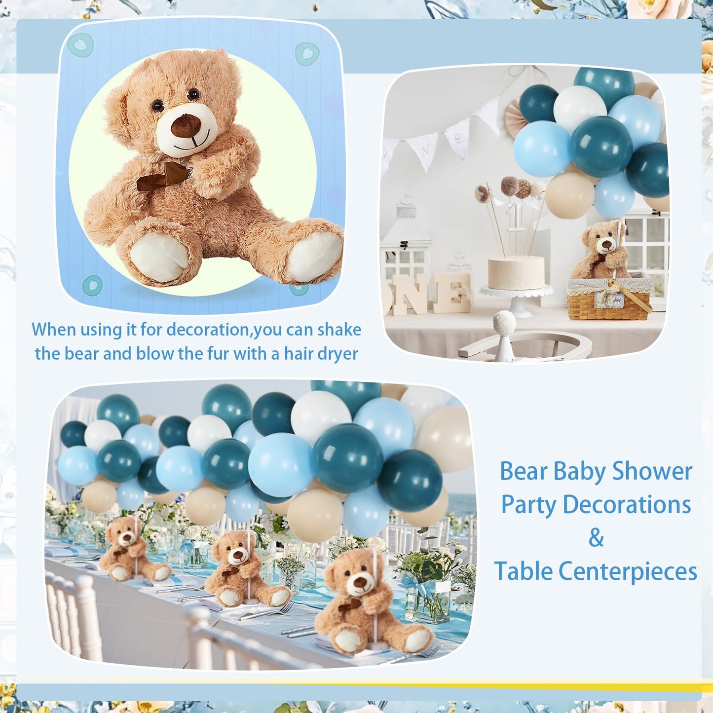 Meooeck 185 Pcs Bear Baby Shower Party Decorations Table Centerpieces 5 Pcs 13. 5'' Gender Reveal Bears 180 Balloons Kit Baby Shower Table Decor for Birthday Wedding(Green, Brown, Nude, White)