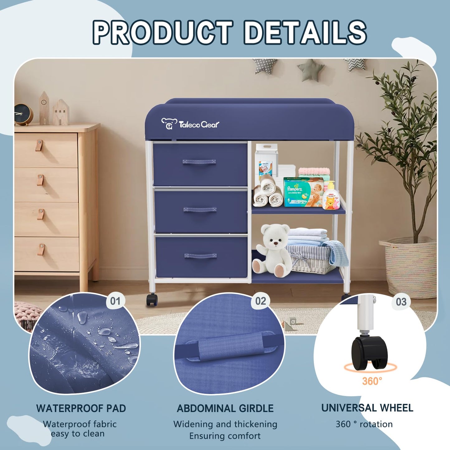 G TALECO GEAR Baby Changing Table, Portable Changing Table, Diaper Changing Station with Waterproof Pad, Changing Table Dresser with 3 Storage Baskets, Mobile Nursery Organizer for Newborn Essentials