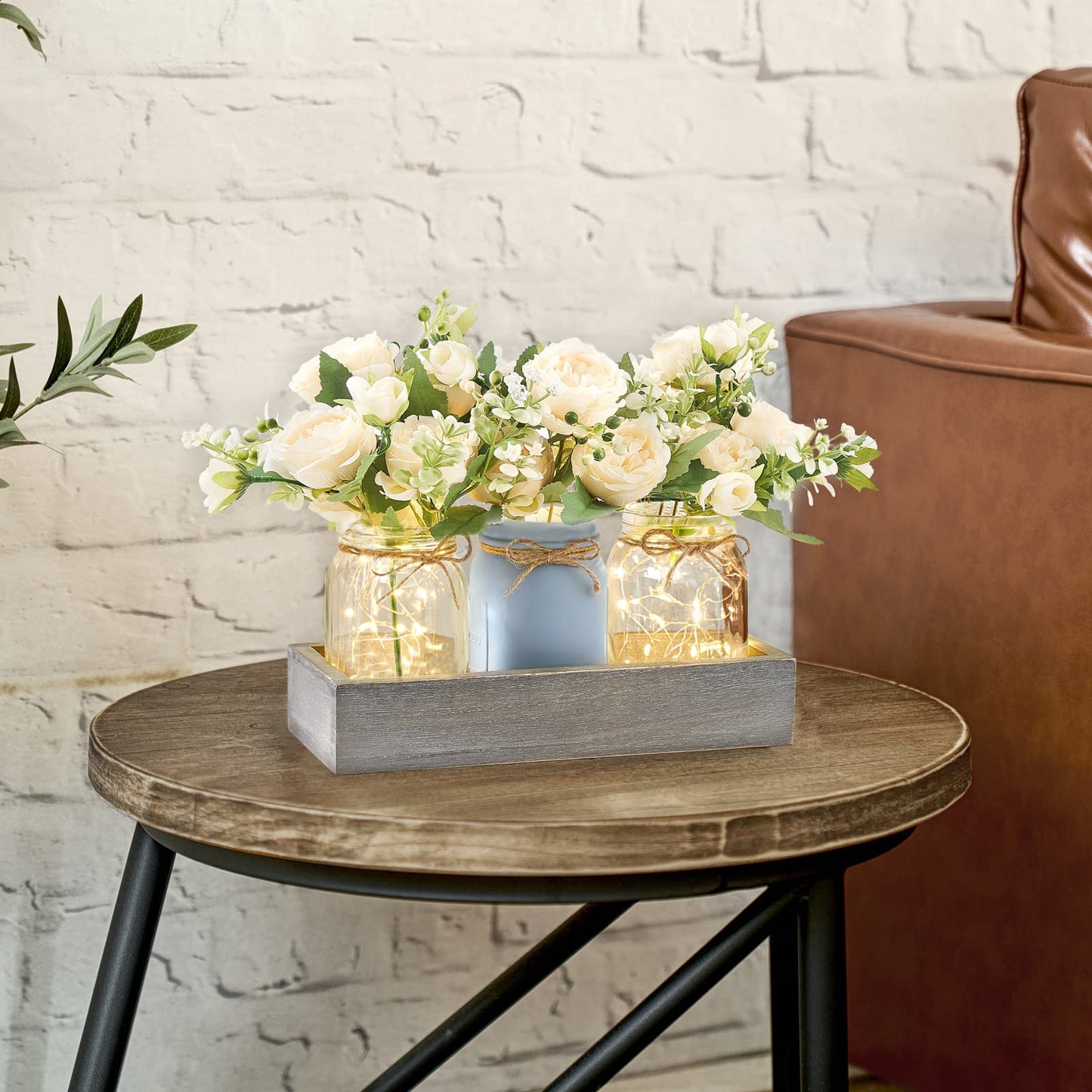 Mkono Mason Jar Lights Centerpiece Table Decor for Dining Room Farmhouse Wood Tray with 3 Jars Flowers Summer Decoration for Coffee Table Kitchen Living Room Wedding