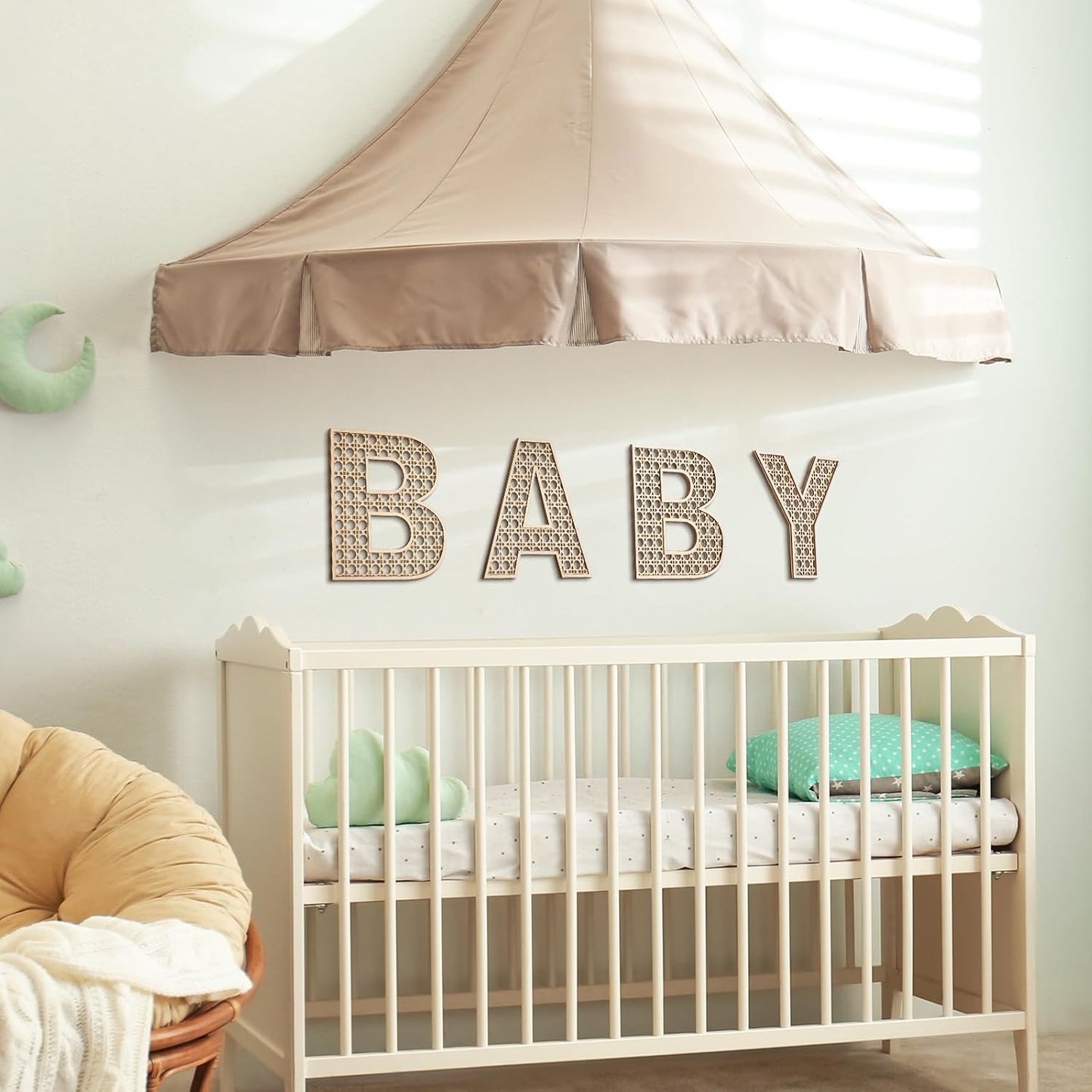 4 Pcs Wooden Nursery Decor Baby Letters Sign Rattan 8 Inch Wood Wildflower Nursery Letters Boho Wall Decor for Baby Shower Newborn Birthday Gift