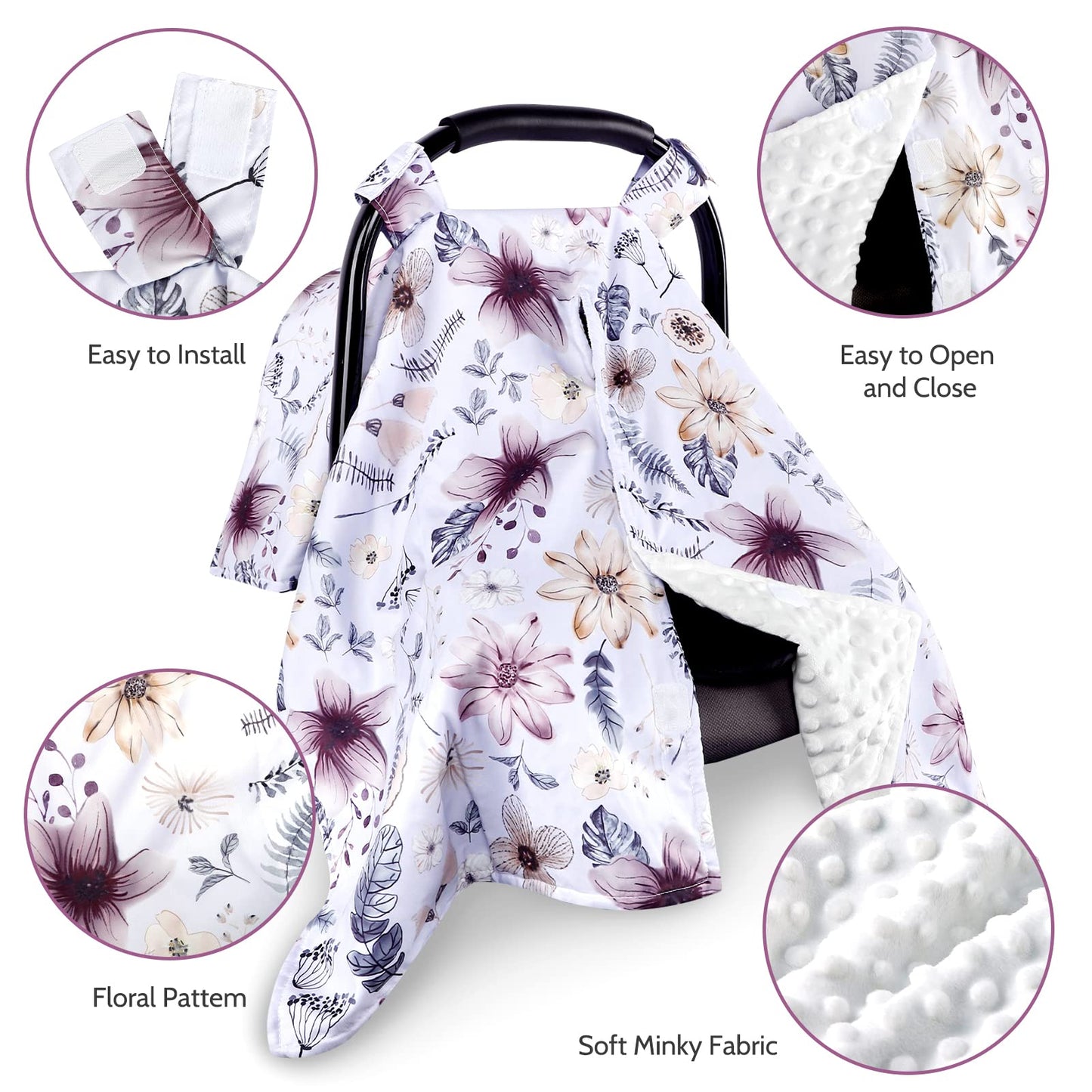 Baby Car Seat Cover, Peekaboo Opening Spring Car Seat Canopy for Baby Girls Boys, Mom Nursing Breastfeeding Covers, Blanket for Infant, Pink Watercolor Flower