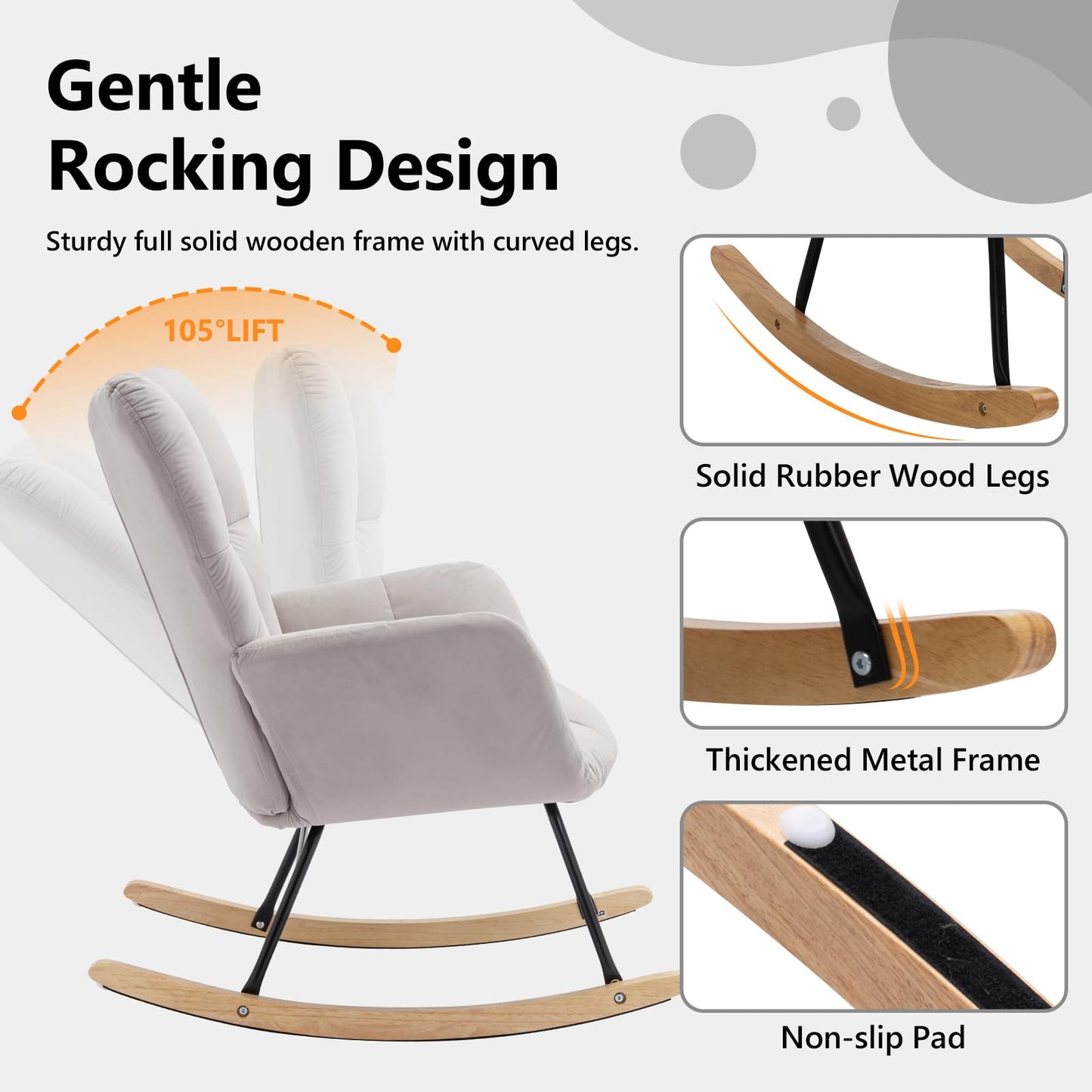 NIOIIKIT Nursery Rocking Chair Teddy Upholstered Glider Rocker Rocking Accent Chair Padded Seat with High Backrest Armchair Comfy Side Chair for Living Room Bedroom Offices (Ivory Teddy)