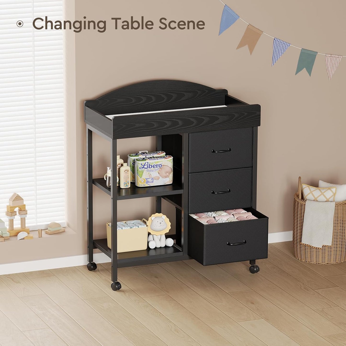 Changing Table Dresser, Baby Dresser with 3 Drawers and 2 Shelves, Multi-Functional Baby Changing Table with Pad, Classic Nursery Dresser, Diaper Changing Station for Children's Room, Black