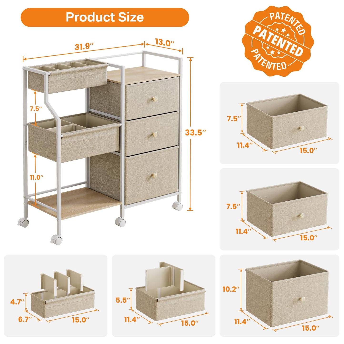 Baby Diaper Caddy Organizer and Storage - 3 Tier Rolling Cart with Dividers and Drawers, Easy To Assemble, Mobile Utility Cart with Wheels for Nursery, Bedroom, Changing Table & Crib