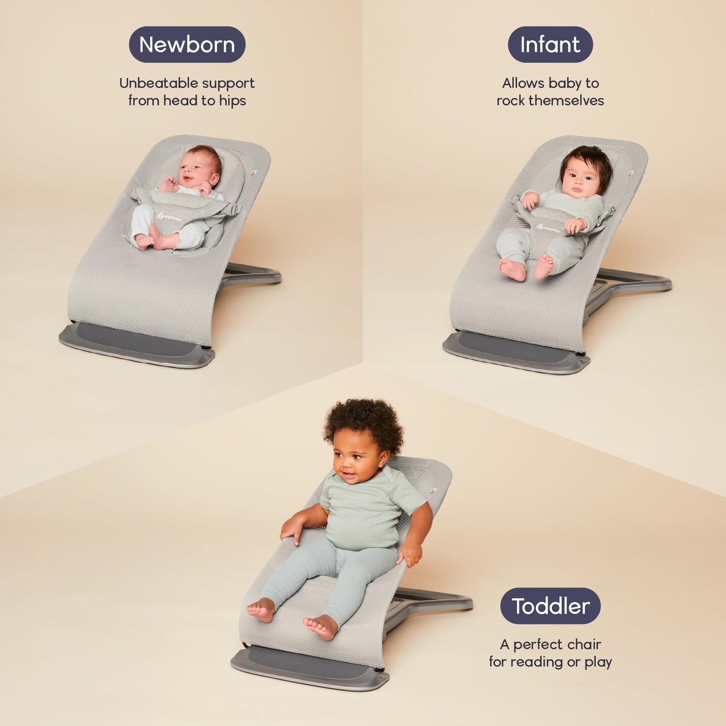 Ergobaby Evolve 3-in-1 Mesh Bouncer, Adjustable Multi Position Baby Bouncer Seat, Fits Newborn to Toddler, Grey Mesh