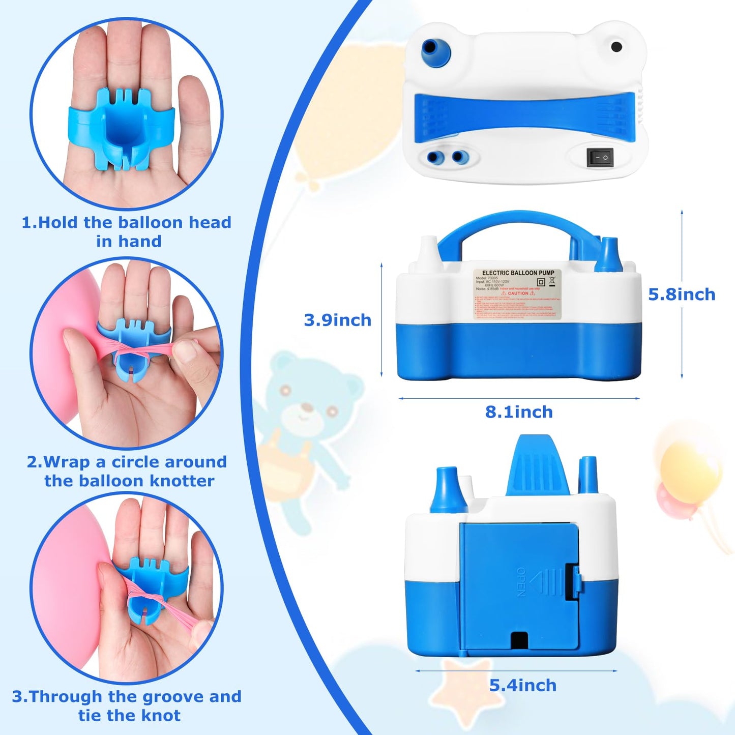 Balloon Pump Electric, Portable Automatic Dual Nozzle Inflator 110V 600W with Tying Tools for Birthday Gender Reveal Baby Shower Balloons Party Decorations