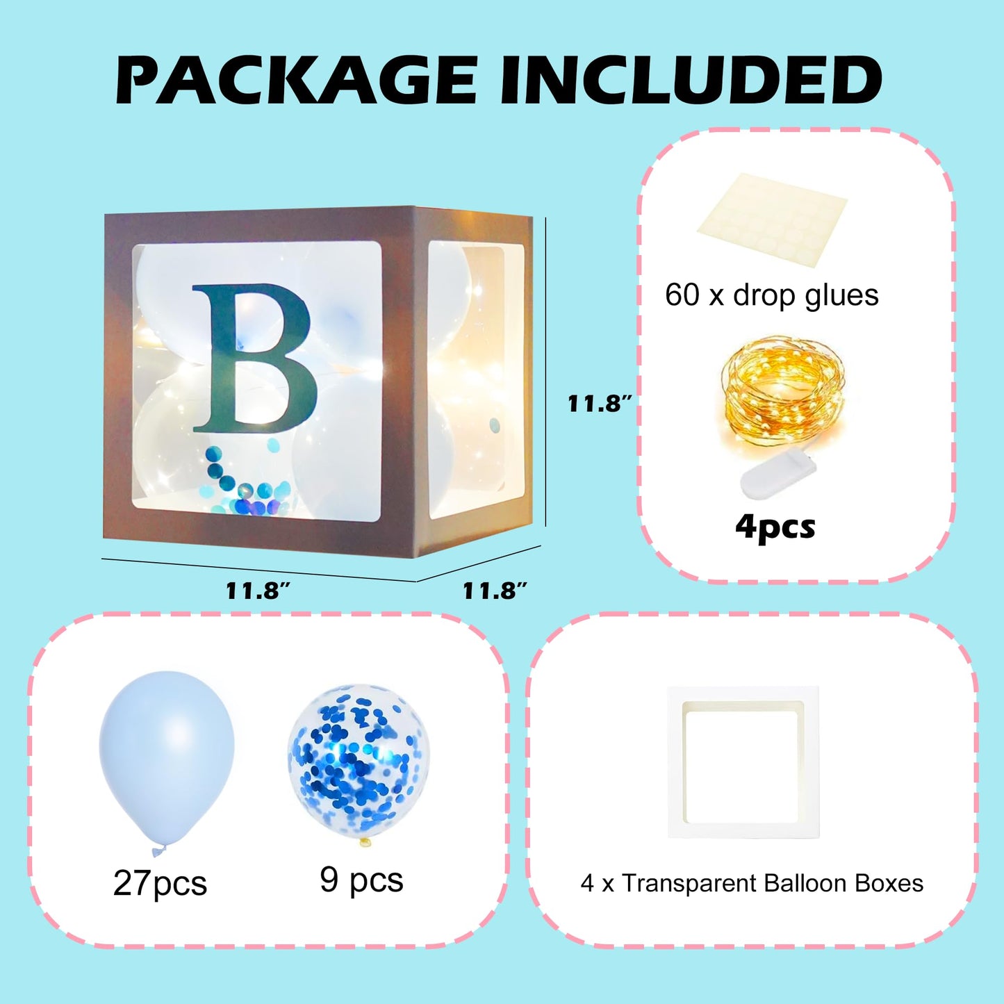 Uptotop Baby Shower Balloon Box Decorations, 4 Pcs Baby Blocks Transparent Balloon Boxes with Letters, Fairy String Lights and 36 Pcs Latex Balloons for Decor, Pink
