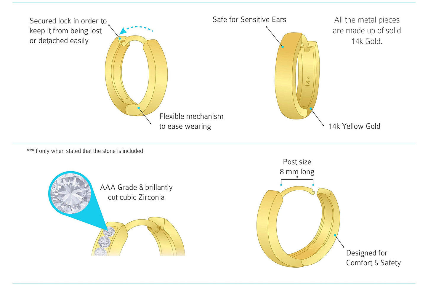 14k Yellow and White Gold 2.25mm Cubic Zirconia Channel Huggie Children Baby Girls Earrings