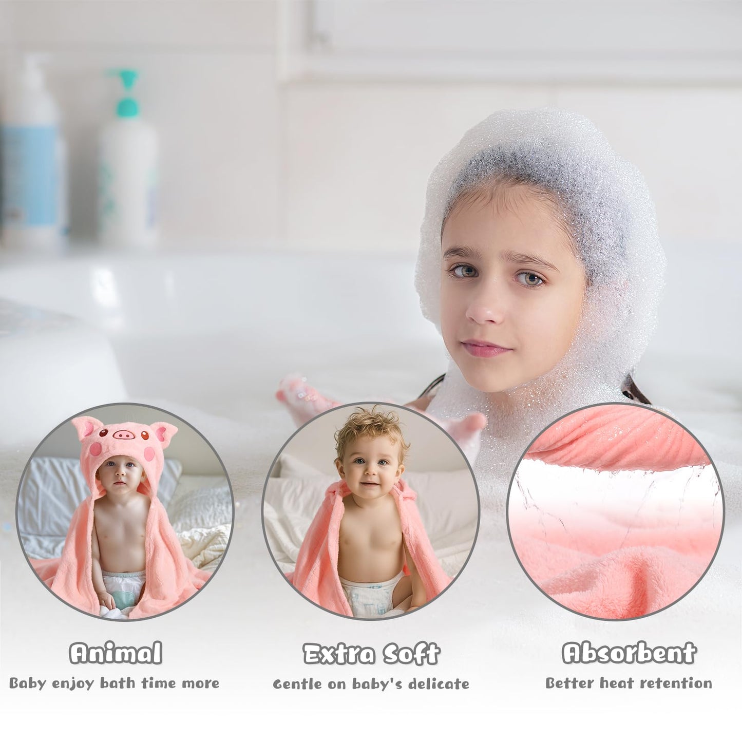 Hooded Baby Towels Boy for 0-6 Years, 50"x 32" Extra Large Toddler Bath Towels with Hood for Boys & Girls, 2-Pack Absorbent Thick Soft Gift for Kids Yellow Lion & Orange Monkey
