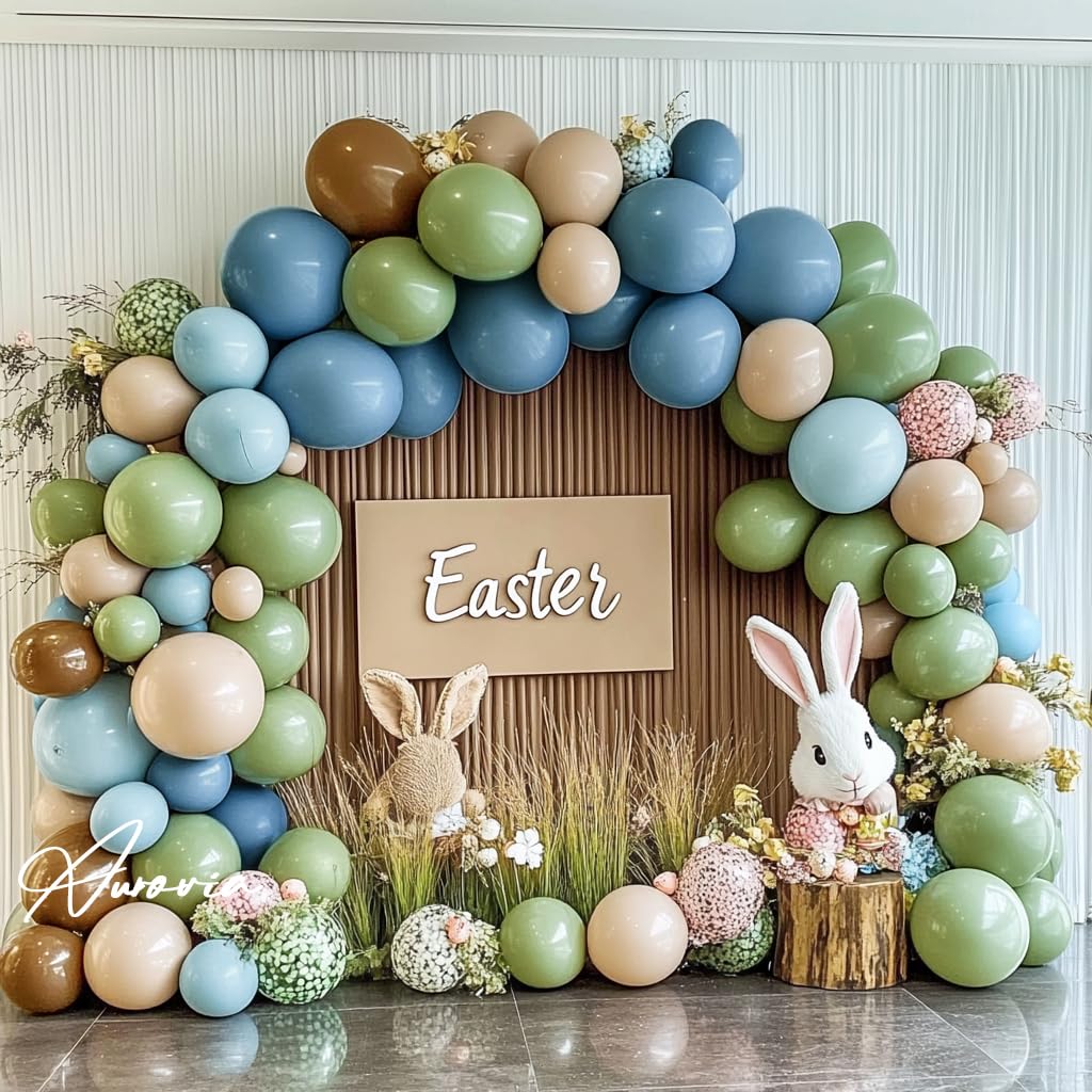 Blue Green Brown Balloon Garland Double Stuffed Dusty Blue Sage Green Balloons Olive White Sand Latex Balloon Arch Kit for Bear Baby Shower Birthday Woodland Wild One Party Decorations