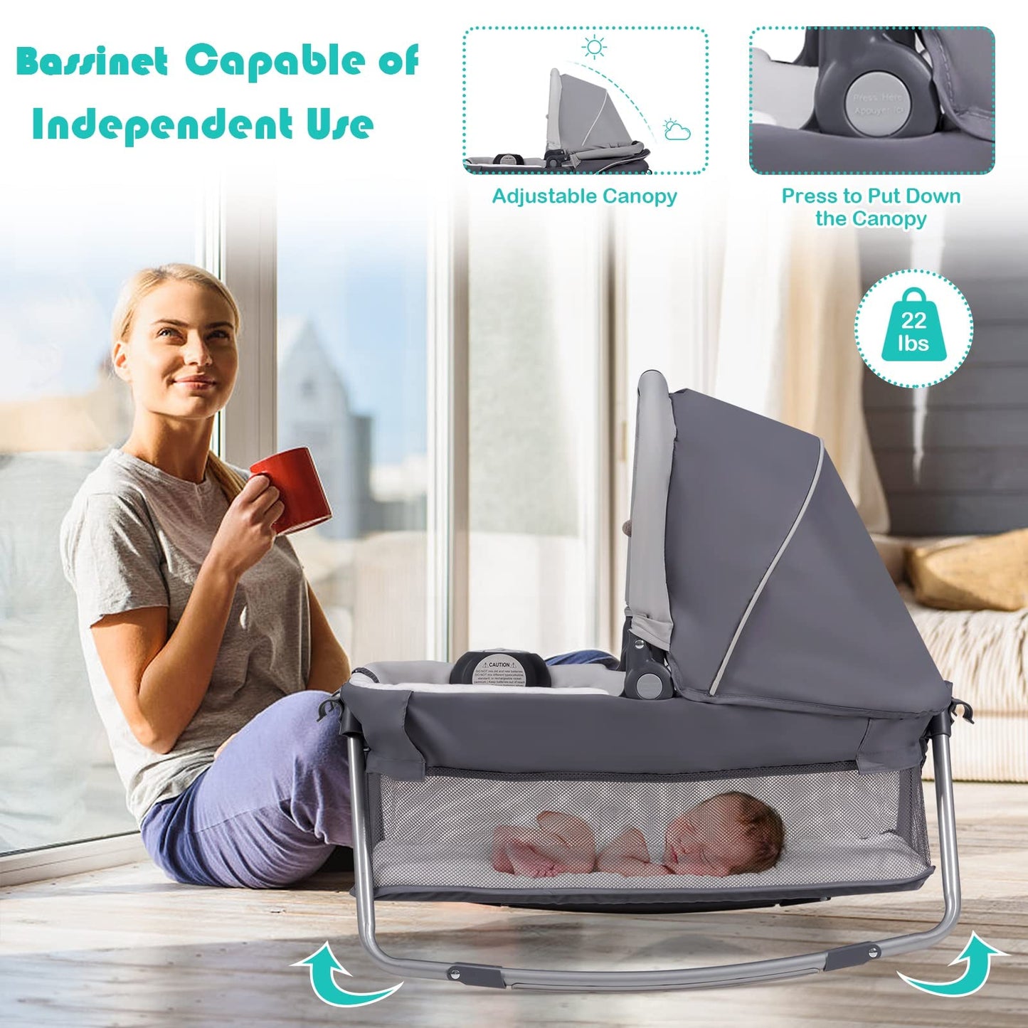 BABY JOY 5 in 1 Pack and Play, Portable Baby Playard w/Bassinet & Diaper Changing Table, Infant Pink Bassinet Crib with Toys & Music & Oxford Bag for Baby Girl Toddlers (Pink + Purple, Starry Sky)