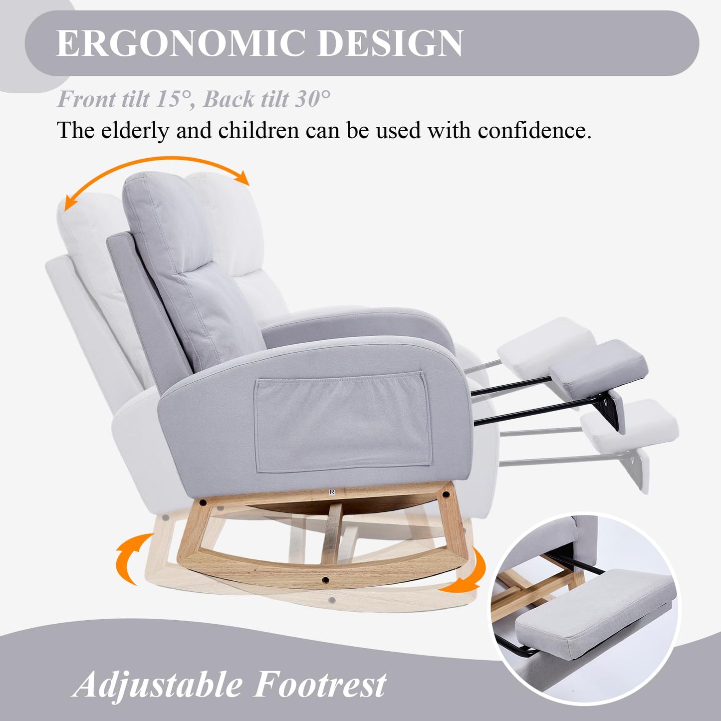 NIOIIKIT Modern Nursery Rocking Chair, Teddy Upholstered Rocking Chair with Footrest, Comfortable Glider Rocker with Side Pocket for Living Room, Bedroom, Nursing Room (Beige)