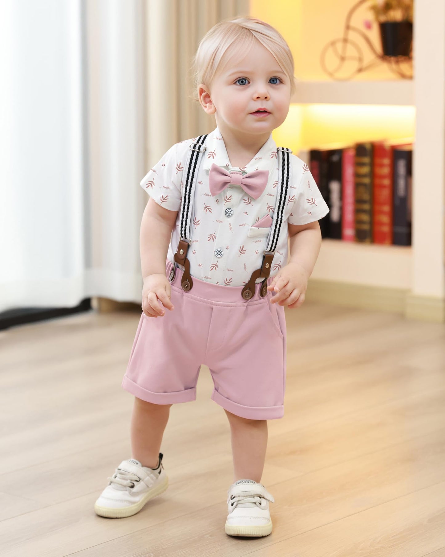 YUEMION Infant Baby Boy Clothes Gentleman Outfits Suits Summer Short Sleeve Bowtie Bodysuit Shirts + Suspender Shorts(0-24M)