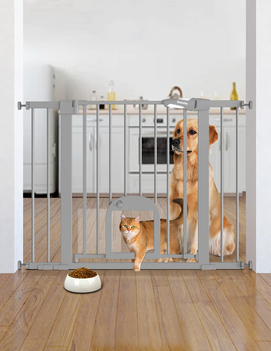 Babelio Upgraded Baby Gate with Cat Door, 29-43" Auto Close Durable Dog Gate for Stairs, Doorways and House, Easy Walk Thru Safety Gate with Pet Door Includes 4 Wall Cups, Black