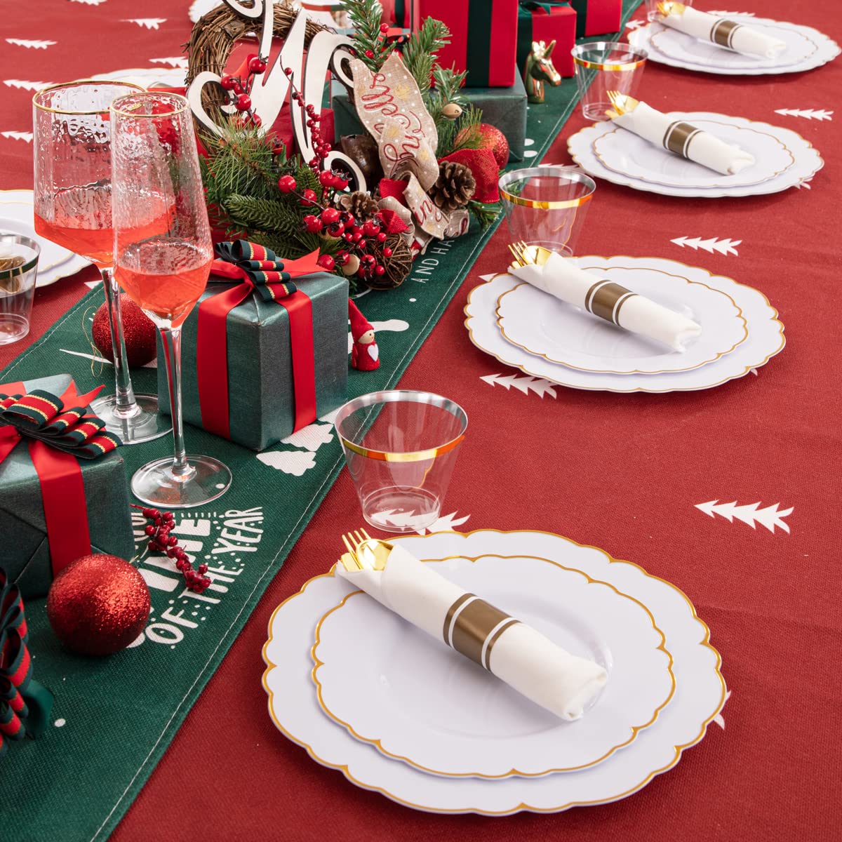 Morejoy 175PCS Rose Gold & Silver Plastic Dinnerware Set: 25 Plates, 25 Forks, 25 Knives, 25 Spoons, 25 Cups, 25 Napkins - Perfect for Wedding & Party