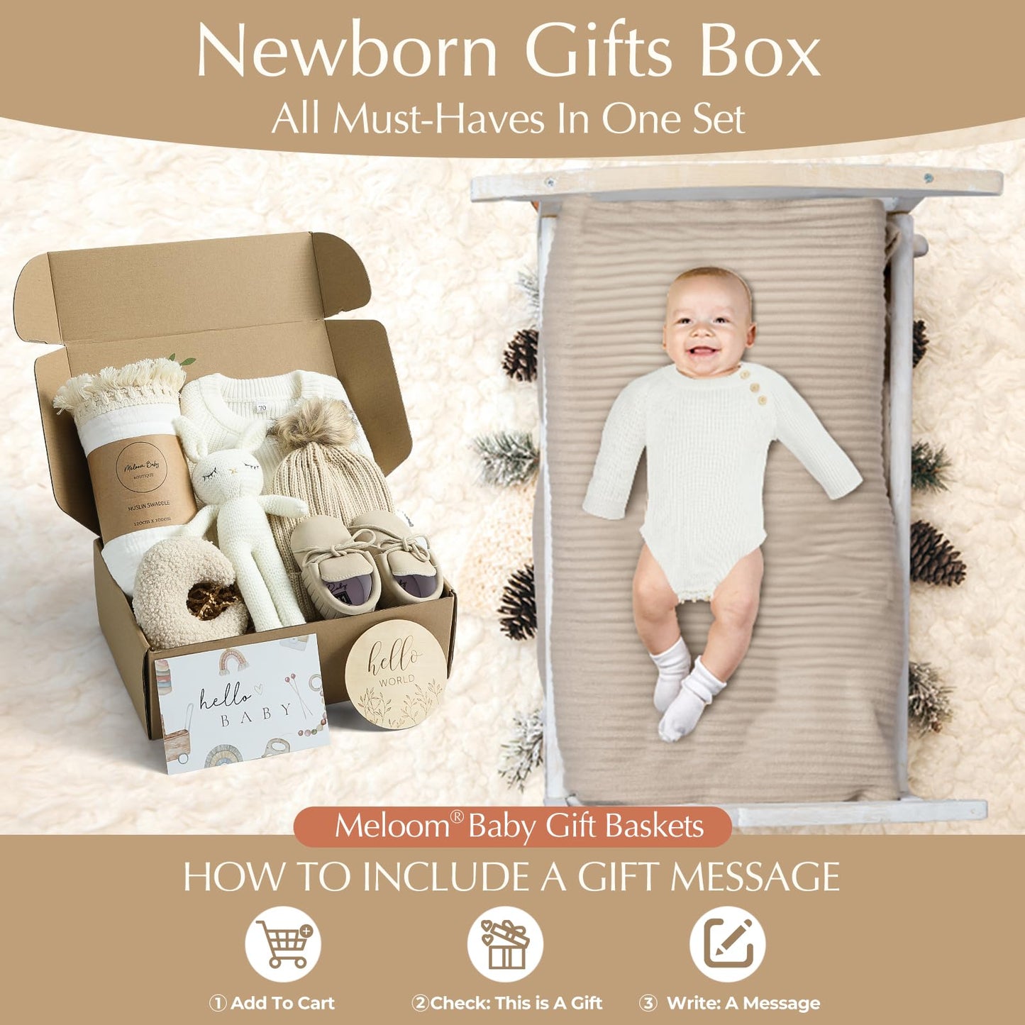 meloom Baby Gift Set, Unisex Newborn Gifts Box, Boho Gender Neutral Baby Essentials, for New Mom, New Baby Gifts for Boys and Girls, Personalized Gift Basket for New Babies