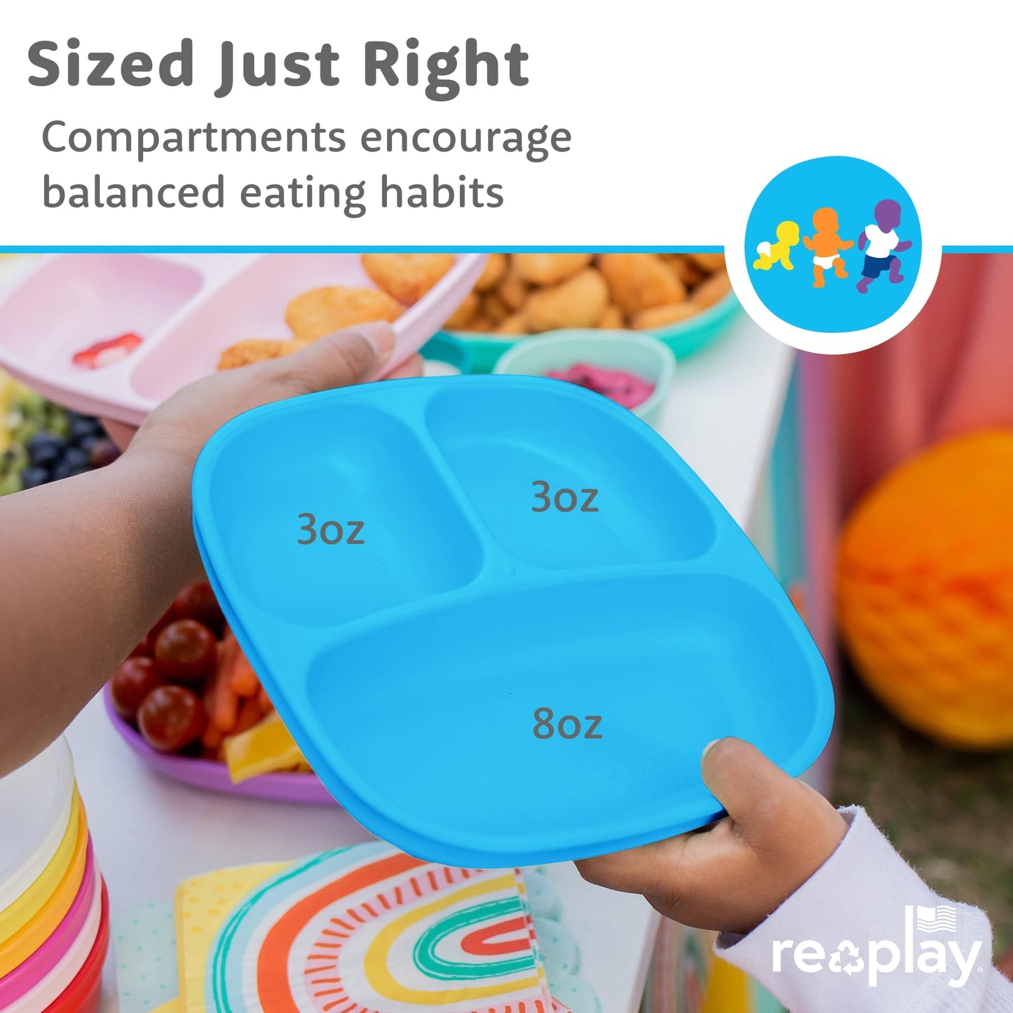 Re-Play Toddler Plates with Dividers - Deep-Walled 3 Compartments Divided Plates for Kids - Dishwasher & Microwave Safe - Made in USA - Set of 3-7.37" x 7.37" x 1.25" - Princess