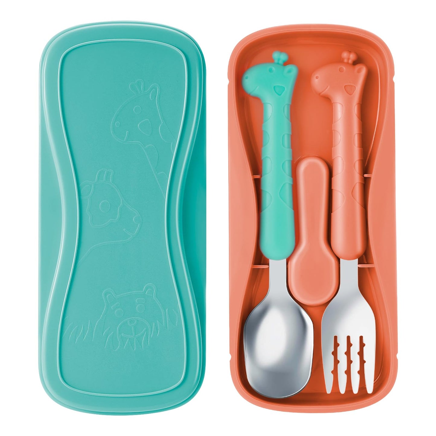 lohodo Toddler Utensils Kids Spoon and Fork Set 18/8 Stainless Steel Silverware BPA Free Pink & Purple Cute Giraffe Child Flatware with Travel Case for Age 3+