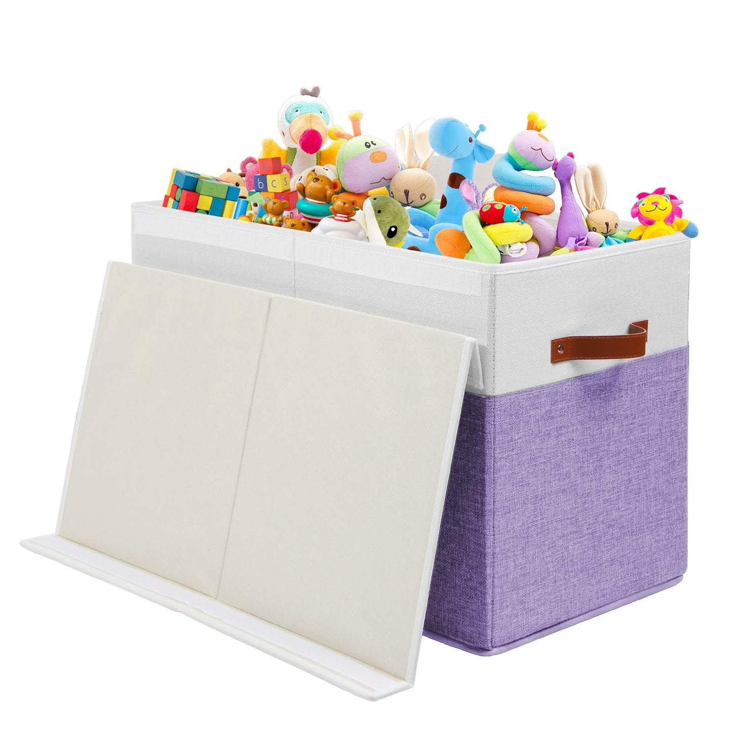 Large Toy Storage Box with Lid, Sturdy Toys Storage Chest Bin Organizer Basket with Dividers for Kids, Boys, Girls, Nursery, Closet, Bedroom, Playroom 25"x13" x16" (Beige and White)
