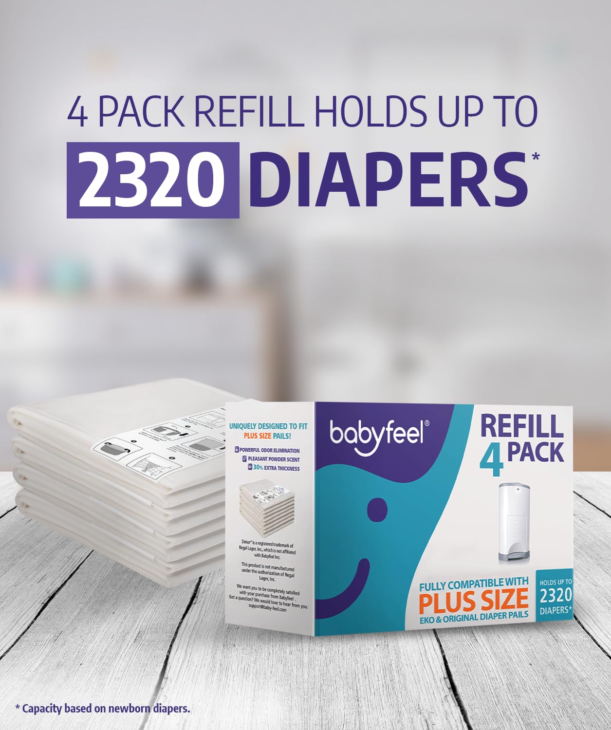 Babyfeel Refills for DEKOR PLUS Diaper Pails, 8 Pack, Exclusive 30% Extra Thickness, Fresh Powder Scent, Holds up to 4640 Diapers
