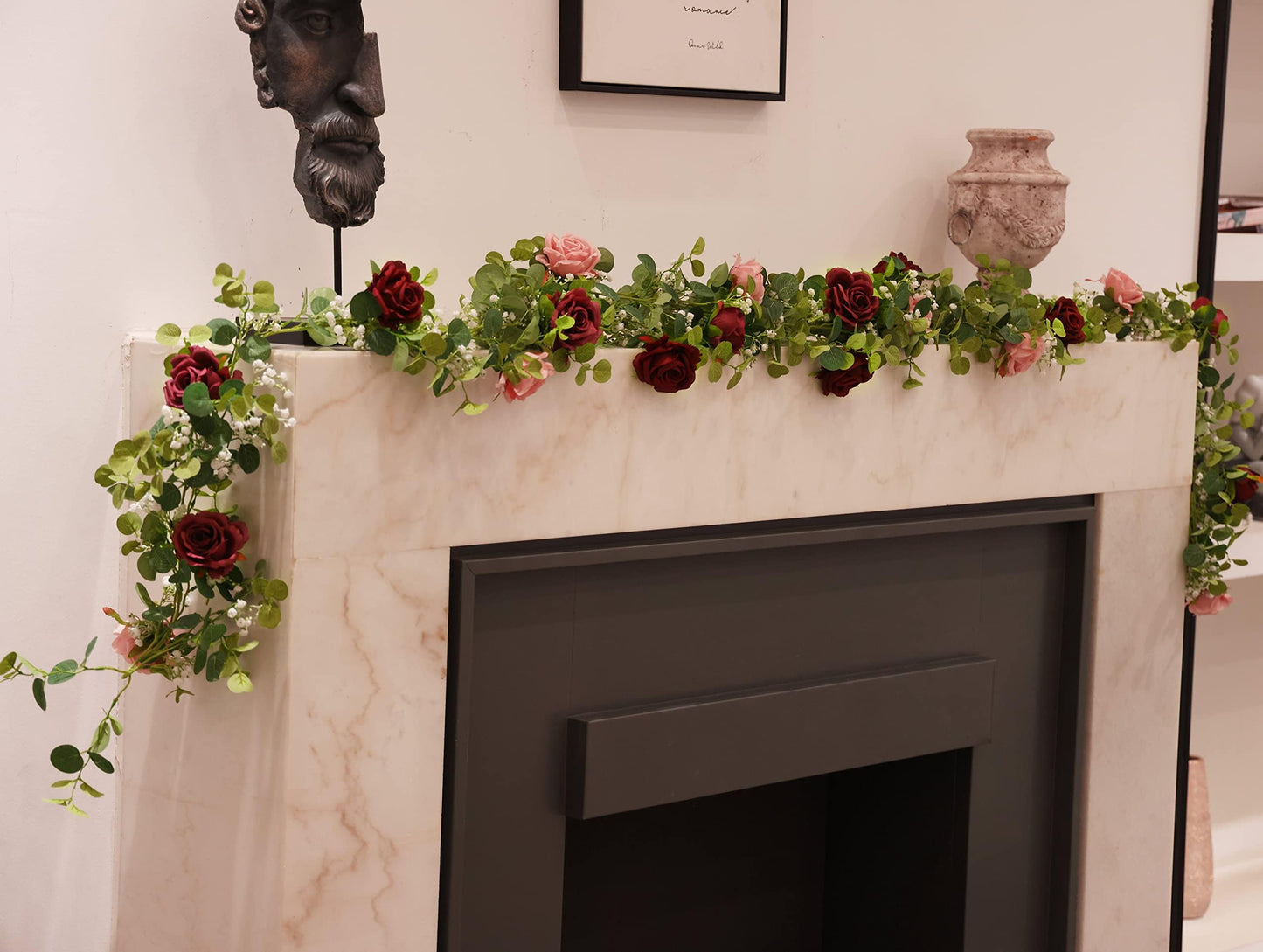 Anna's Whimsy 5.91FT Artificial Eucalyptus Garland with Flowers, Fake Flower Rose Gypsophila, Faux Floral Greenery Garland for Wedding Spring Home Party Craft Art Table Runner Decor