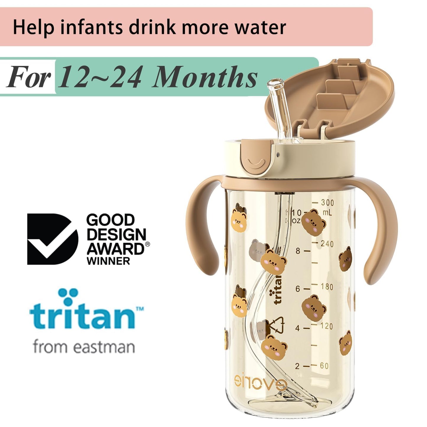 Evorie Tritan Spill Proof Toddler Straw Sippy Cup, 10 oz for Baby and Toddlers 1-3 Years Old, No Spill Straw Water Bottle with Removable Handles, Ideal for School, BPA-Free, Pink Rabbit