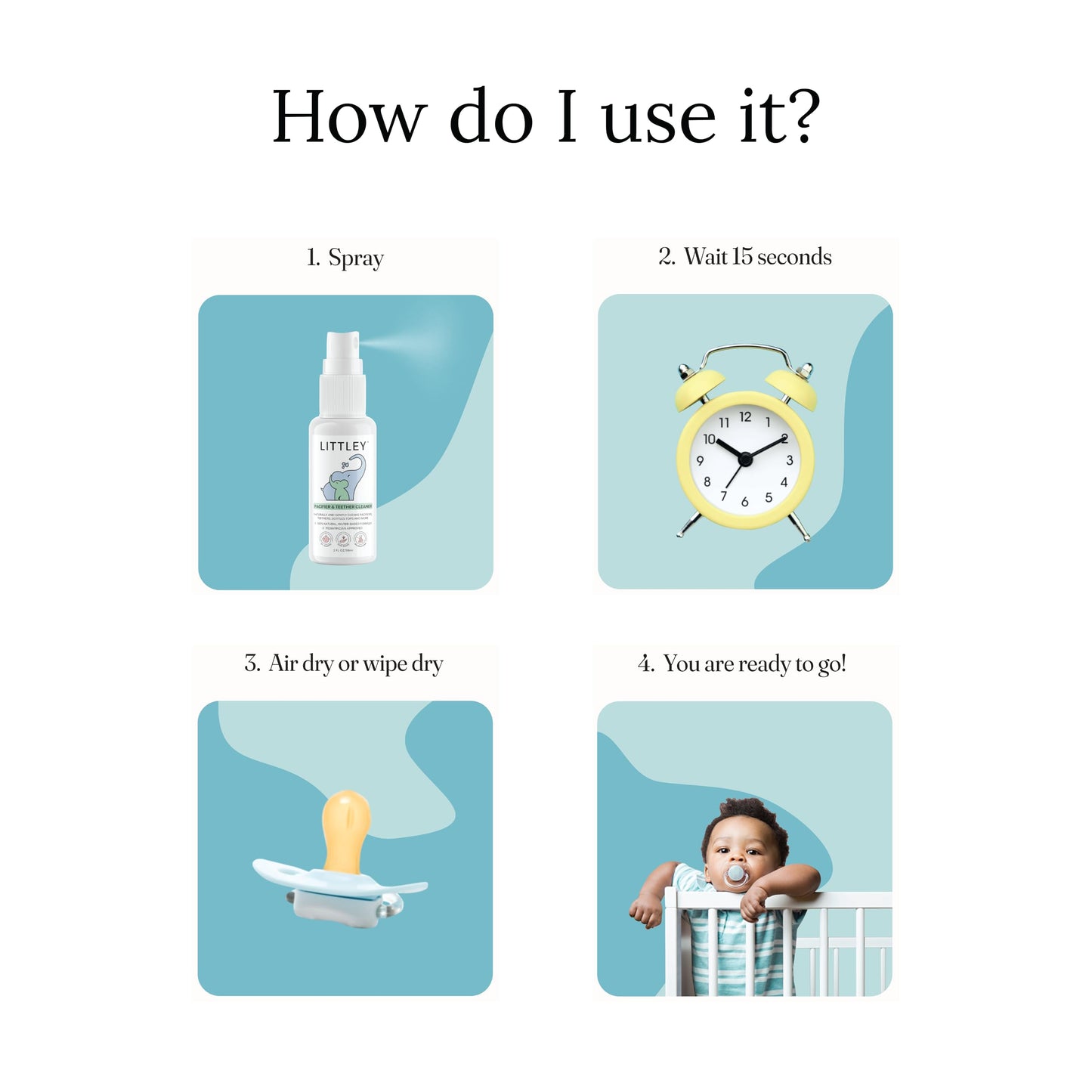 Littley Pacifier & Teether Cleaner with Hypochlorous Acid, Non-Toxic & Alcohol-Free, Gentle Formula for Cleaning Baby & Toddler Essentials, 2oz Travel-Size Spray Bottle