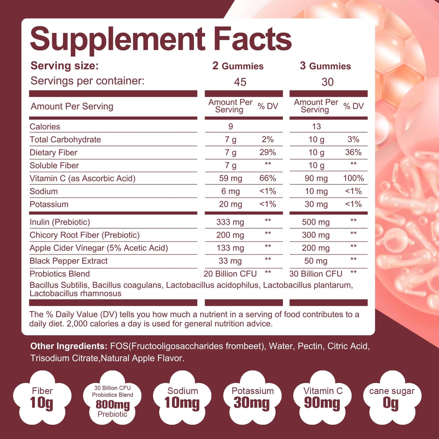 Migcopat Gomitas de fibra con probióticos, 0.35 onzas de fibra por porción, sin azúcar añadido, con mezcla de probióticos de 10 mil millones de UFC, vinagre de sidra de manzana, vitamina C, inulina,