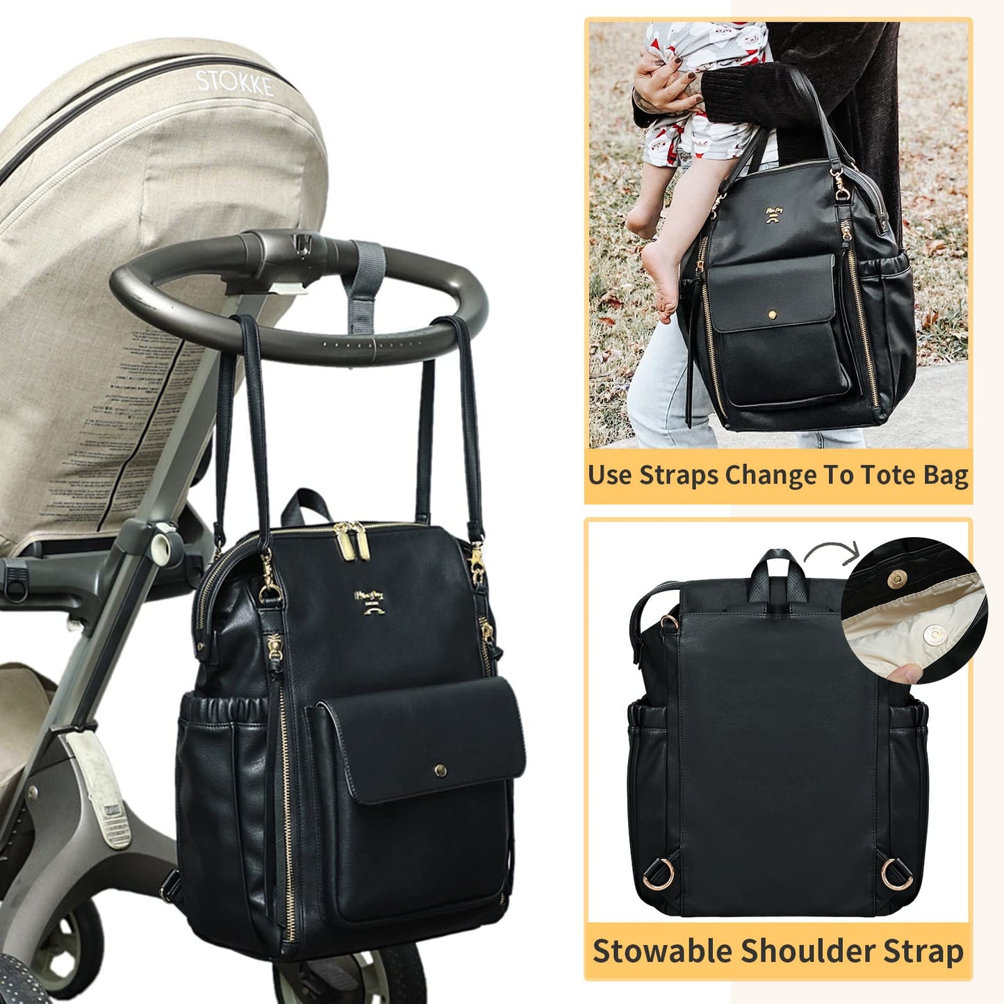 miss fong Diaper Bag Backpack Baby Diaper Bag for Girls and Boys, Leather Purse with 13 Pockets Diaper Bag Organizer,Changing Pad,Stroller Straps,4 Insulated Pockets