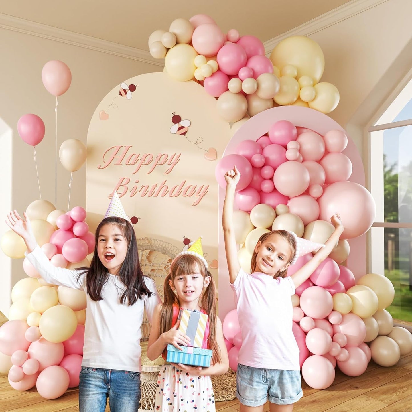 146pcs Pink and Yellow Balloon Garland Arch Kit, Pastel Pink Light Pink Pastel Yellow Sand White Latex Balloons for Cartoon Bear Themed Birthday Wedding Baby Shower Party Decorations