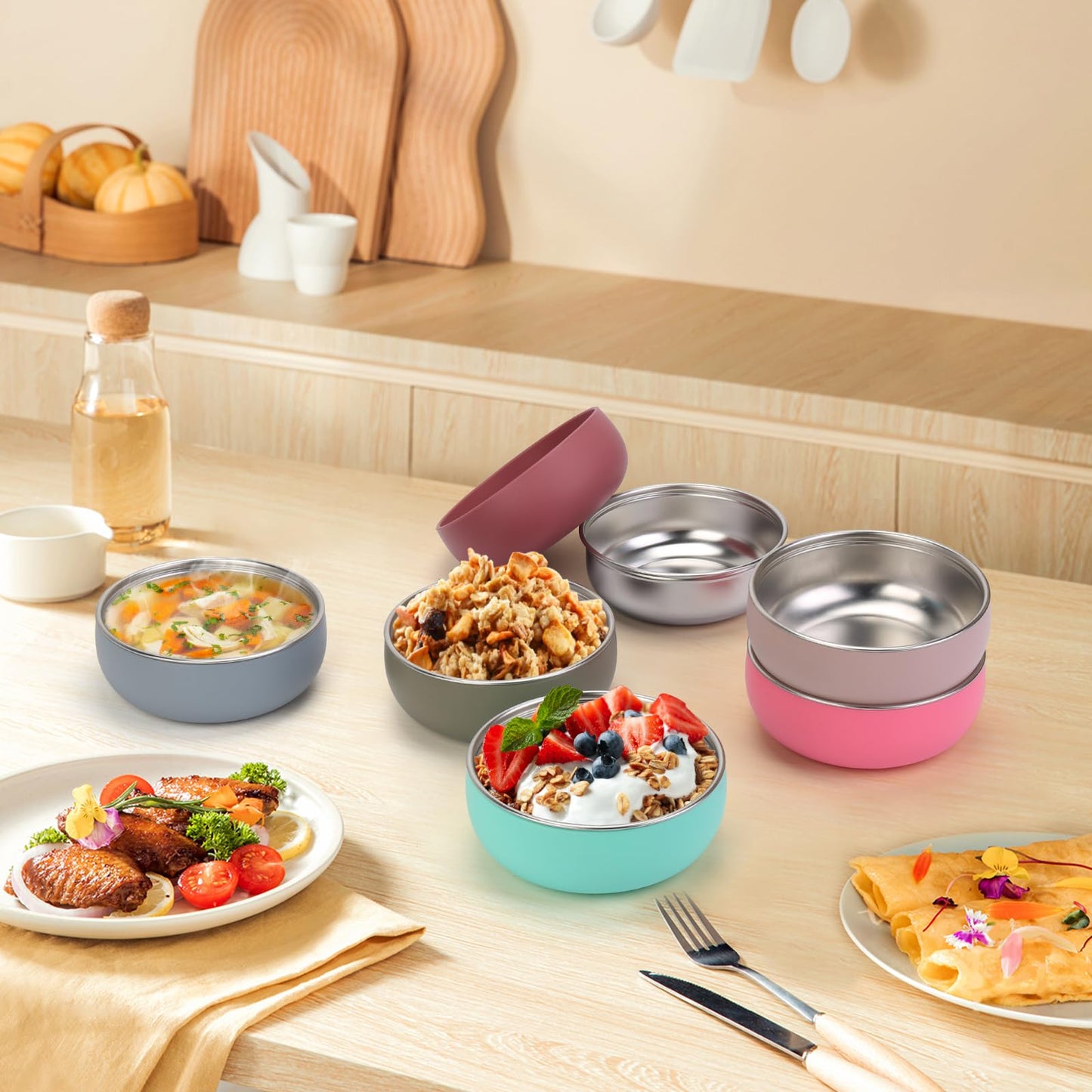 ShineMe 4 pack Baby Bowls, 5 Inches Wide Stainless Steel Bowls for Kids with Removable Colorful Silicone Sleeve, Unbreakable Toddler Bowls for Soup, Cereal, Yogurt, Snacks...
