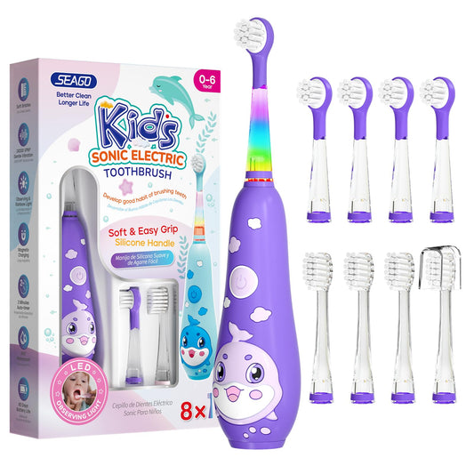 SEAGO Kids Electric Toothbrushes Rechargeable, Toddler Electric Toothbrush with Magnetic Charging, LED Observing Light, 8 Toothbrush Heads for Ages 2-4-6 Boys Girls (Pink)