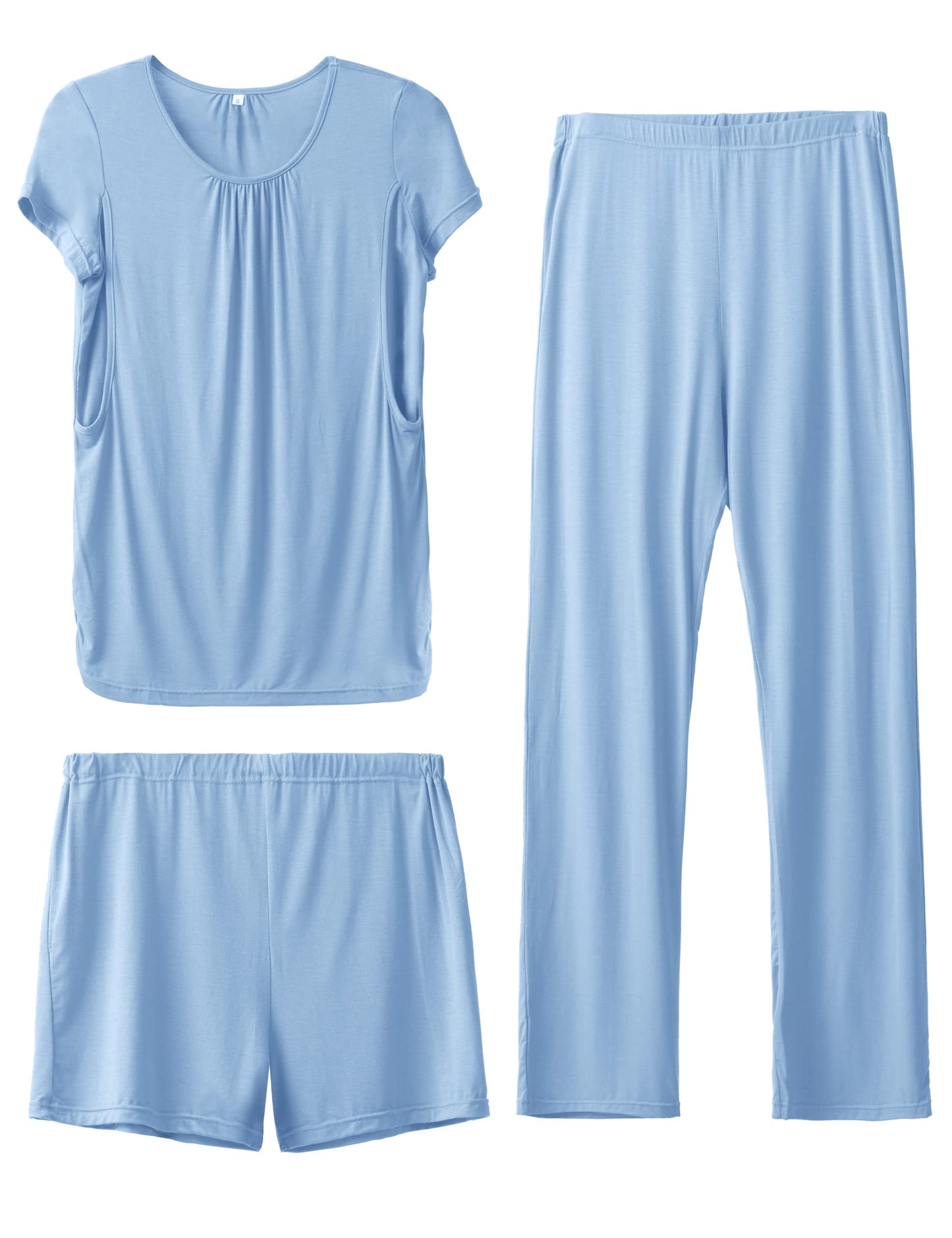 SUNNYBUY Womens Maternity Nursing Pajamas Set, Short Sleeve Breastfeeding Shirts,Pregnancy Shorts & Pants 3 Piece Nursing PJS