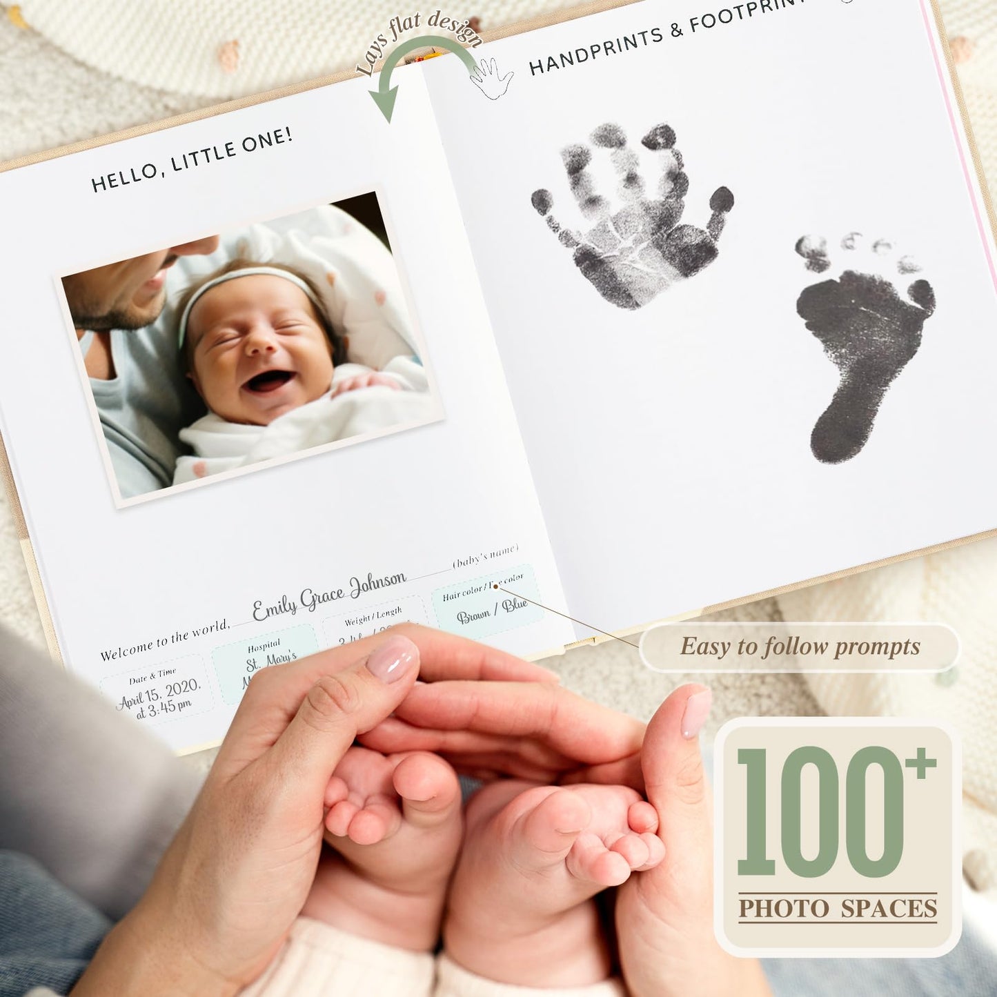 Lanpn Hello Baby First 5 Year Memory Book for Boy Girl - Linen Hardcover Baby Book Keepsake for New Parents - Newborn Baby Journal Scrapbook Photo Album Baby Milestone Book (Beige, 154 Pages)