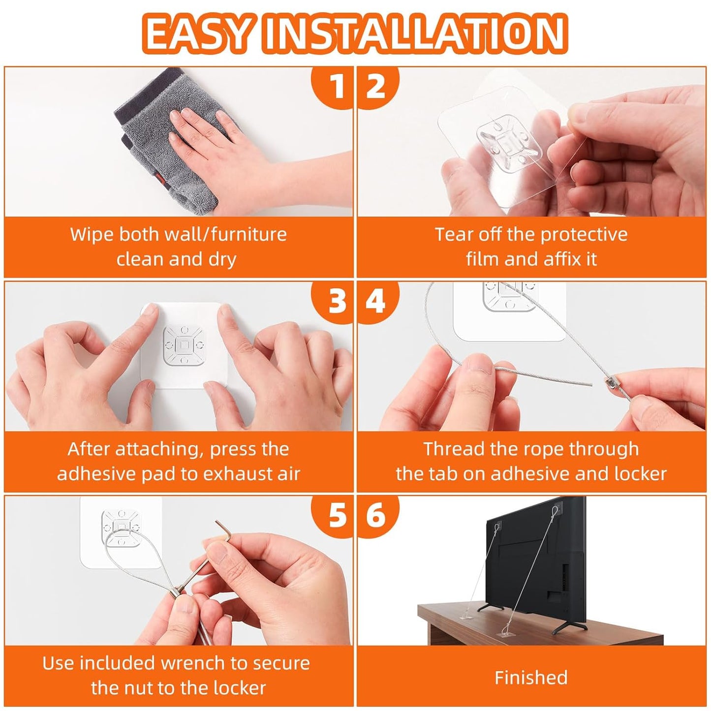 6 Pack Adjustable 42" Metal TV Safety Straps, Vinkqiado No-Drill Adhesive Anti-Tip Furniture Wall Anchors for Baby Proofing, Secure Flat Screens to Wall, Cabinet, Stand Or Desk, Dresser, Bookshelf