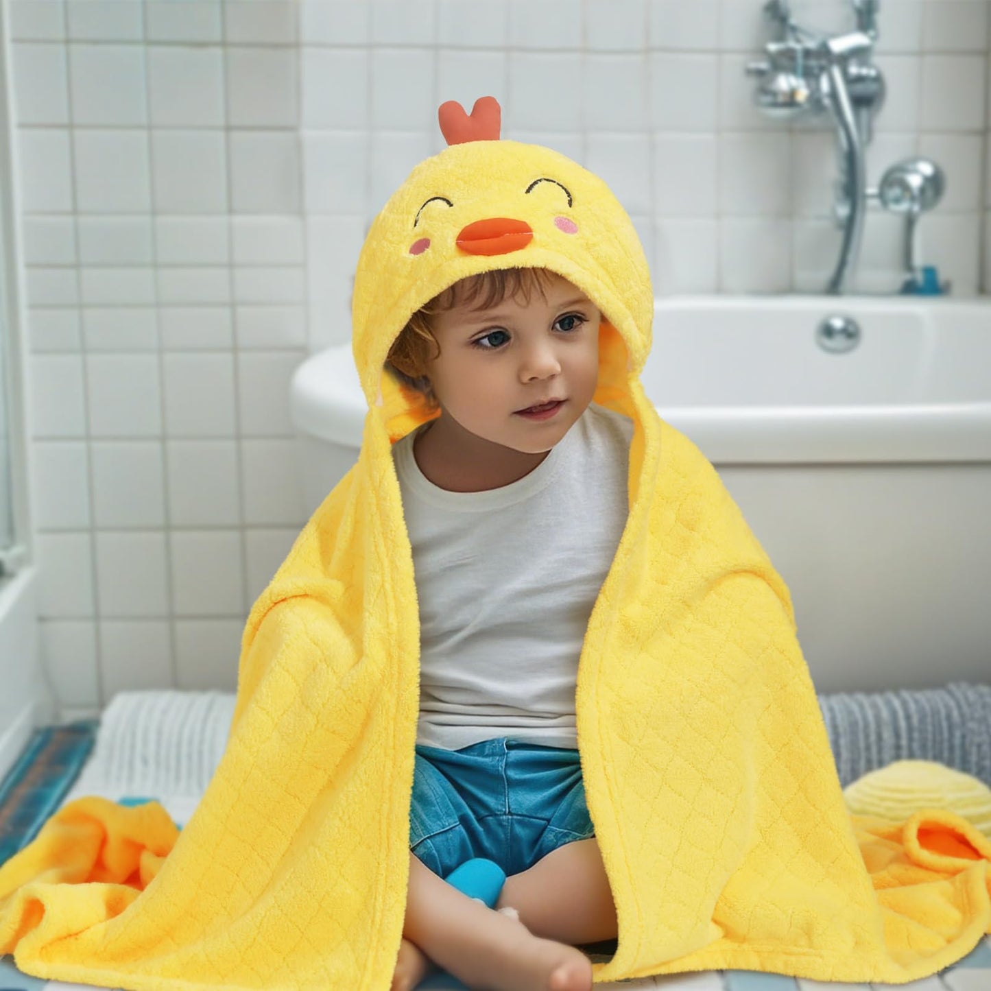 Hooded Baby Towels Boy for 0-6 Years, 50"x 32" Extra Large Toddler Bath Towels with Hood for Boys & Girls, 2-Pack Absorbent Thick Soft Gift for Kids Yellow Lion & Orange Monkey