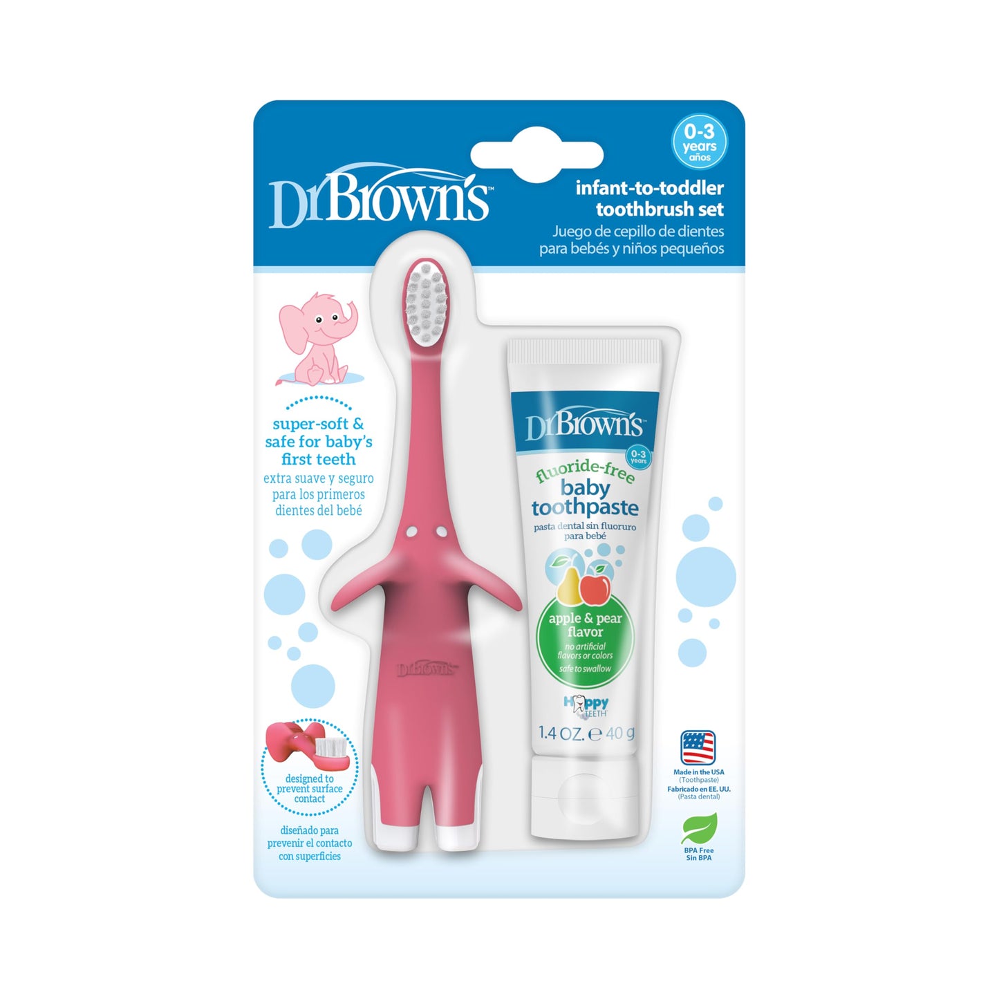 Dr. Brown's Infant-to-Toddler Training Toothbrush, Soft for Baby's First Teeth, Pink Elephant, 0-3 Years (Colors/Styles May Vary)