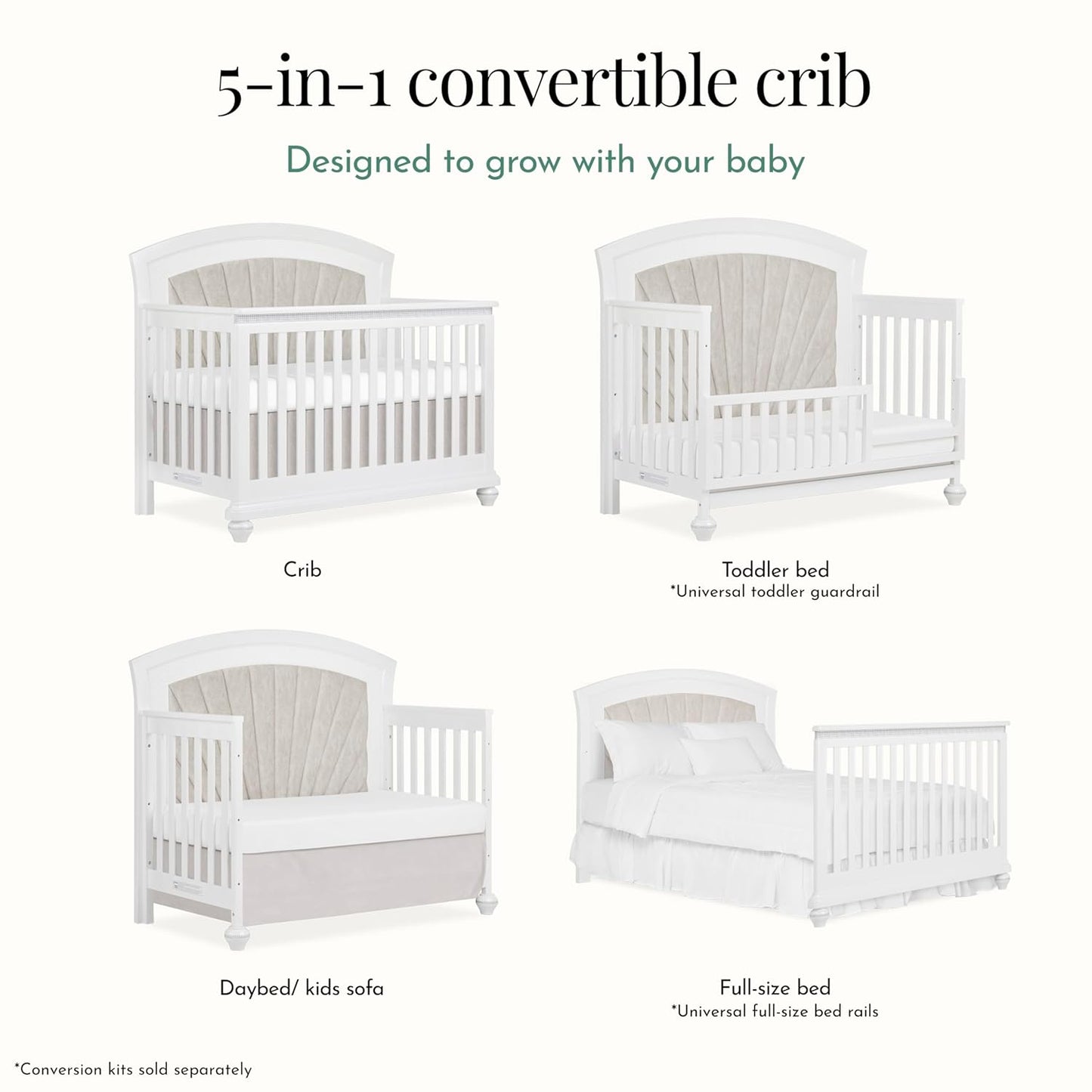 Evolur Nova 5-in-1 Convertible Crib in a Shimmering Stardust Finish, Crafted from Solid Wood, Features a Velvety upholstered headboard and Crystal-Like Accents on The Footboard