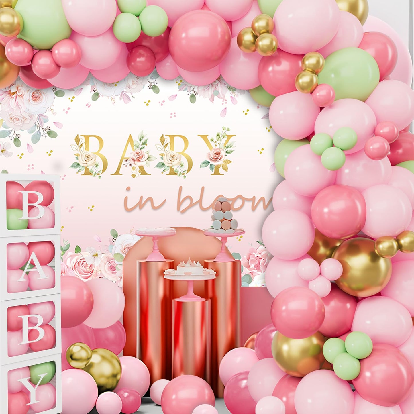 Baby in Bloom Baby Shower Decorations - 116pcs Pink and Sage Green Balloon Arch Kit, BABY in Bloom Backdrop and Baby Boxes with Letters for Pink Floral Baby Shower Decorations for Girl