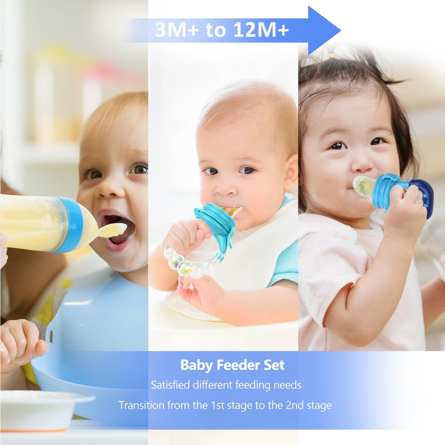 Food Feeder for Baby, Fruit Feeder Pacifier (3 Pcs) with 6 Different Sized Silicone Pacifiers 1 PCS Silicone Baby Food Dispensing Spoon 90ML with 1 PC Baby Spoons 1 PC Pacifier Clip Baby Feeding Set
